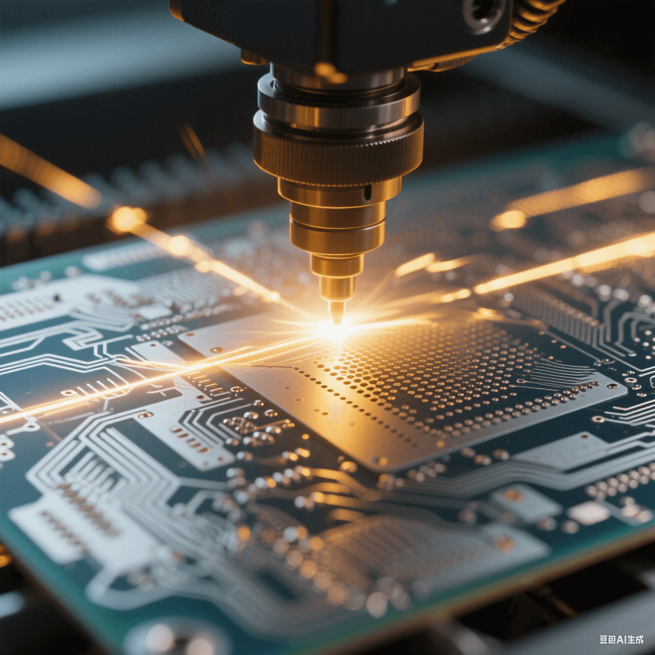 特種印制電路板的激光微孔加工過程，UV 激光束聚焦于板材，形成精細(xì)微孔