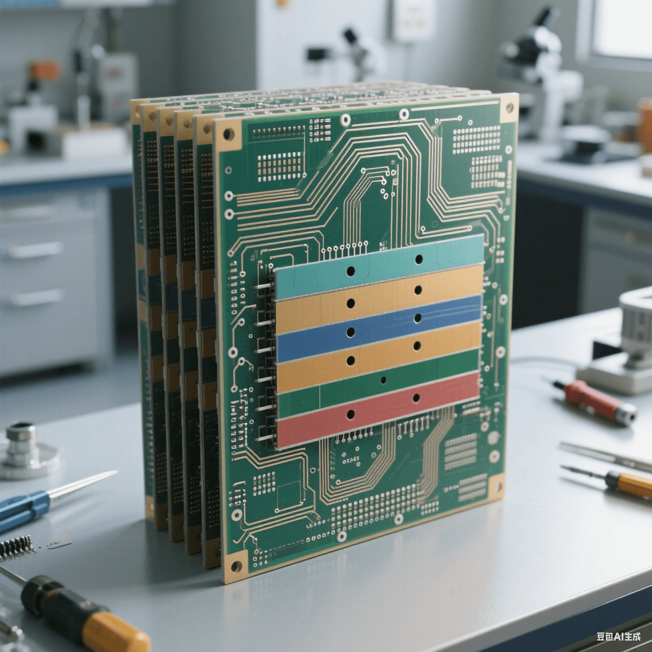 IC 封裝基板多層結(jié)構(gòu)示意圖，展示 3μm 線寬的線路層與絕緣層交替排列，微孔垂直互連設(shè)計(jì)，背景為實(shí)驗(yàn)室操作臺面。