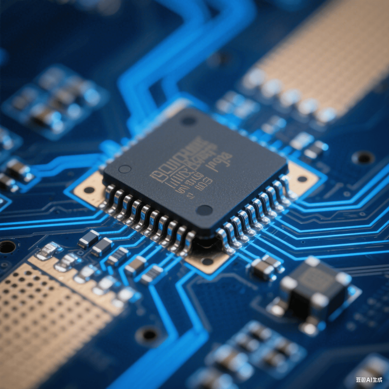 Flip Chip 倒裝芯片與封裝基板互連細(xì)節(jié)，顯示微米級焊點(diǎn)與信號傳輸路徑，背景為藍(lán)色電路板基底