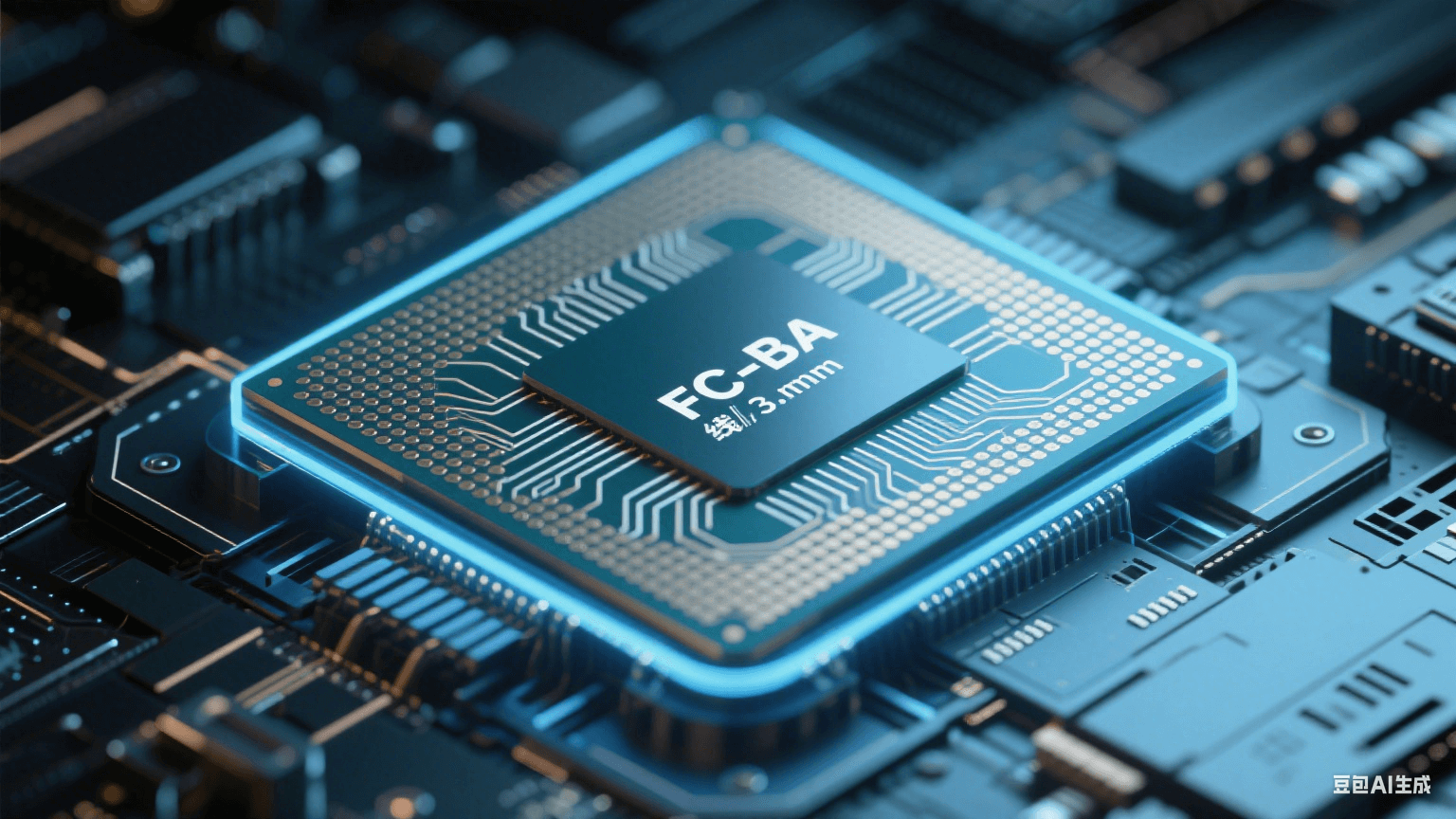 類載板（SLP）高密度互連示意圖，展示 3μm 線寬布線與 FC-BGA 封裝結(jié)構(gòu)，支持 HBM 芯片堆疊集成