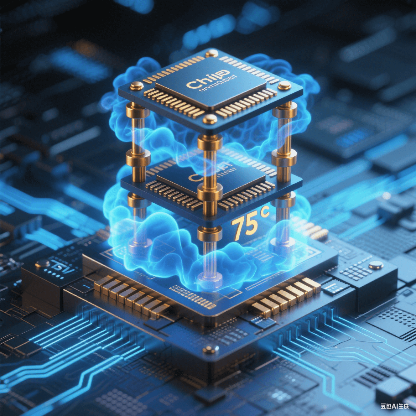 硅中介層上垂直堆疊 3 顆 Chiplet 芯片，銅微凸點如金色支柱連接，TSV 通孔散發(fā)藍色流光