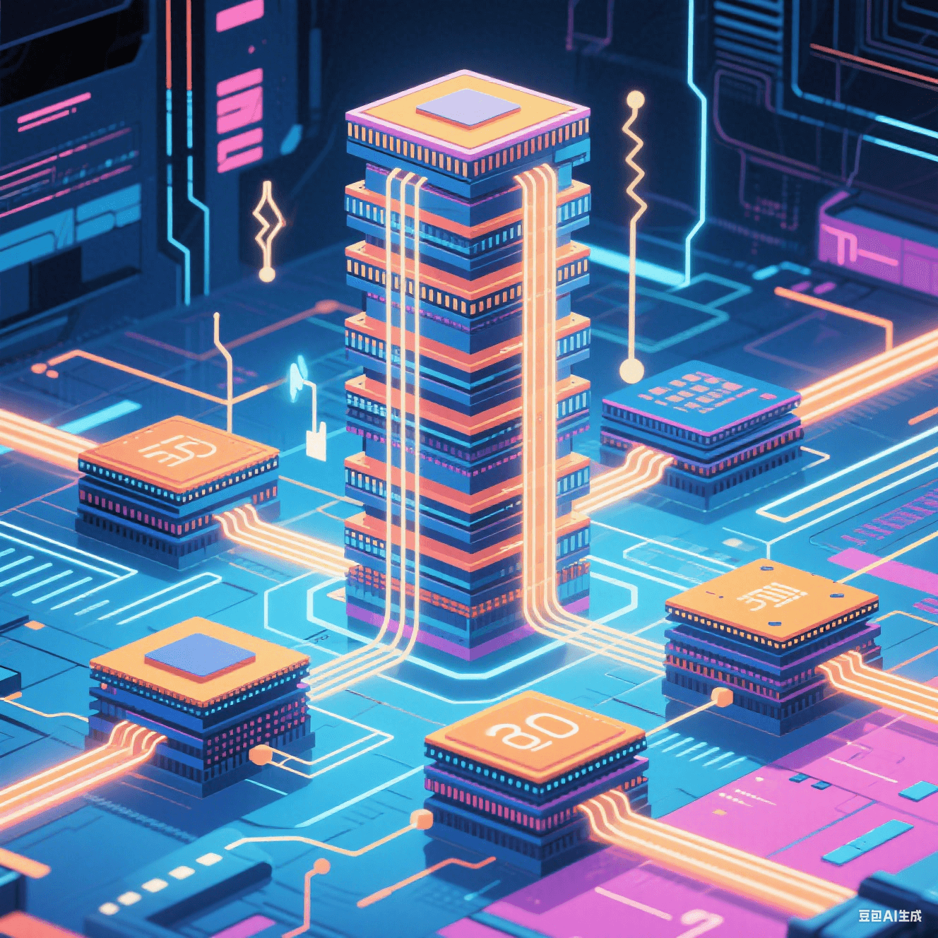 3D 封裝技術(shù)示意圖，多芯片堆疊通過 TSV 硅通孔互連，搭配微通道散熱結(jié)構(gòu)，呈現(xiàn) Chiplet 異構(gòu)集成場景。