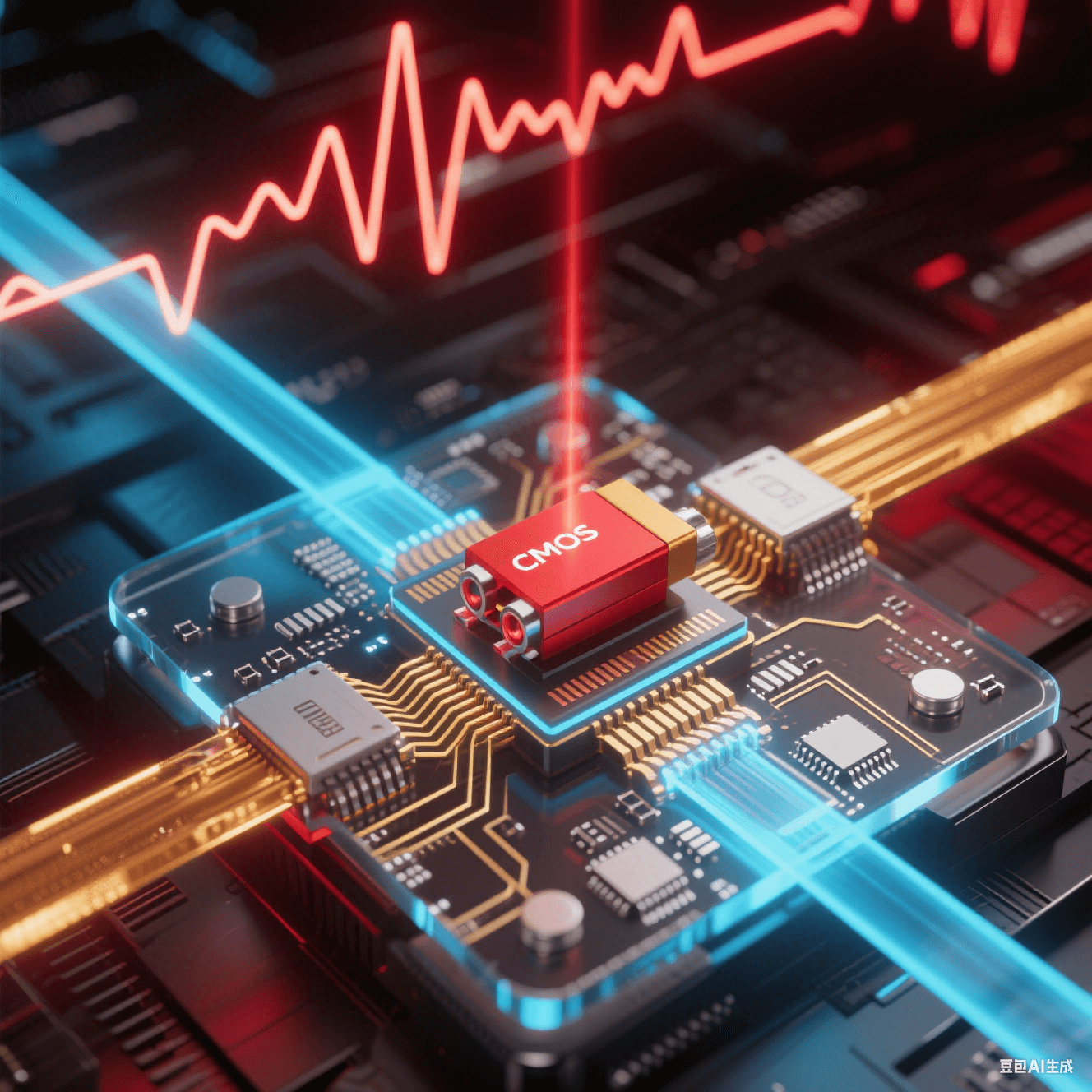 透明基板內(nèi)部：激光器（紅光）與 CMOS 電路（金線）通過硅光波導（藍光）互連