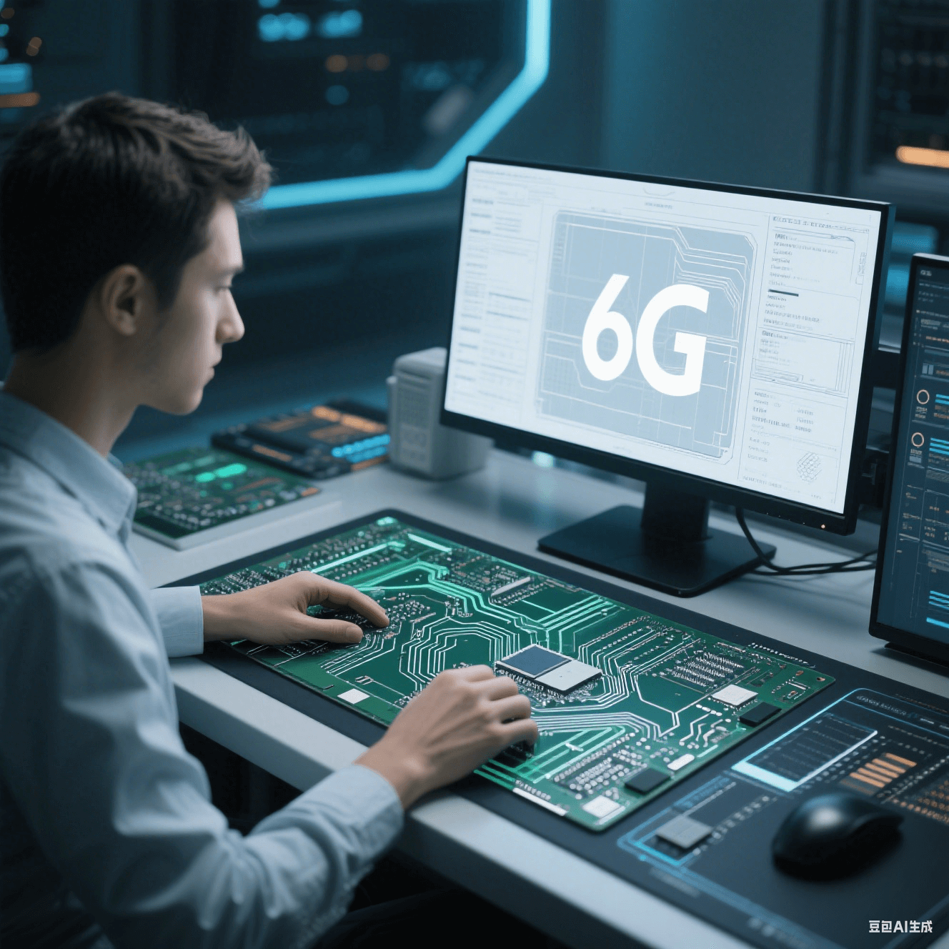 設(shè)計(jì)師使用碳?xì)錁?shù)脂和改性聚苯醚等低損耗基材進(jìn)行 6G 通信高速電路板設(shè)計(jì)，在電腦前進(jìn)行線路布局