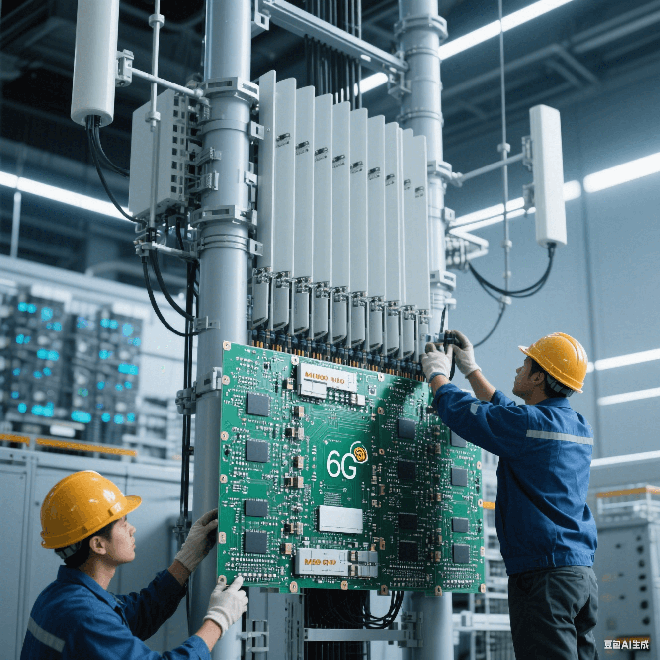 6G 基站中，超大規(guī)模 MIMO 天線與高速電路板集成，工人進(jìn)行安裝調(diào)試