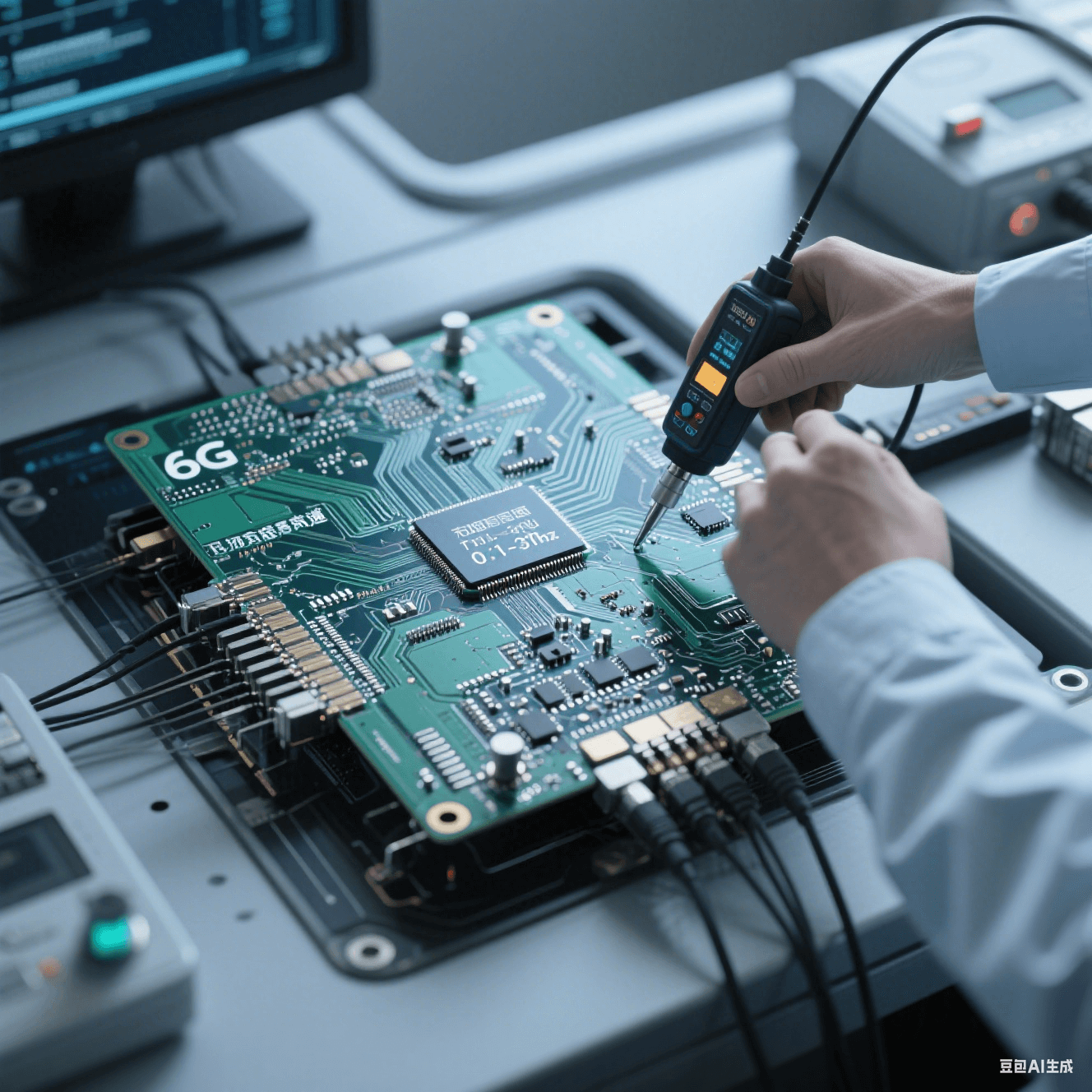 6G 通信高速電路板在太赫茲頻段（0.1 - 3THz）測(cè)試環(huán)境，工程師用儀器檢測(cè)阻抗控制和串?dāng)_抑制情況