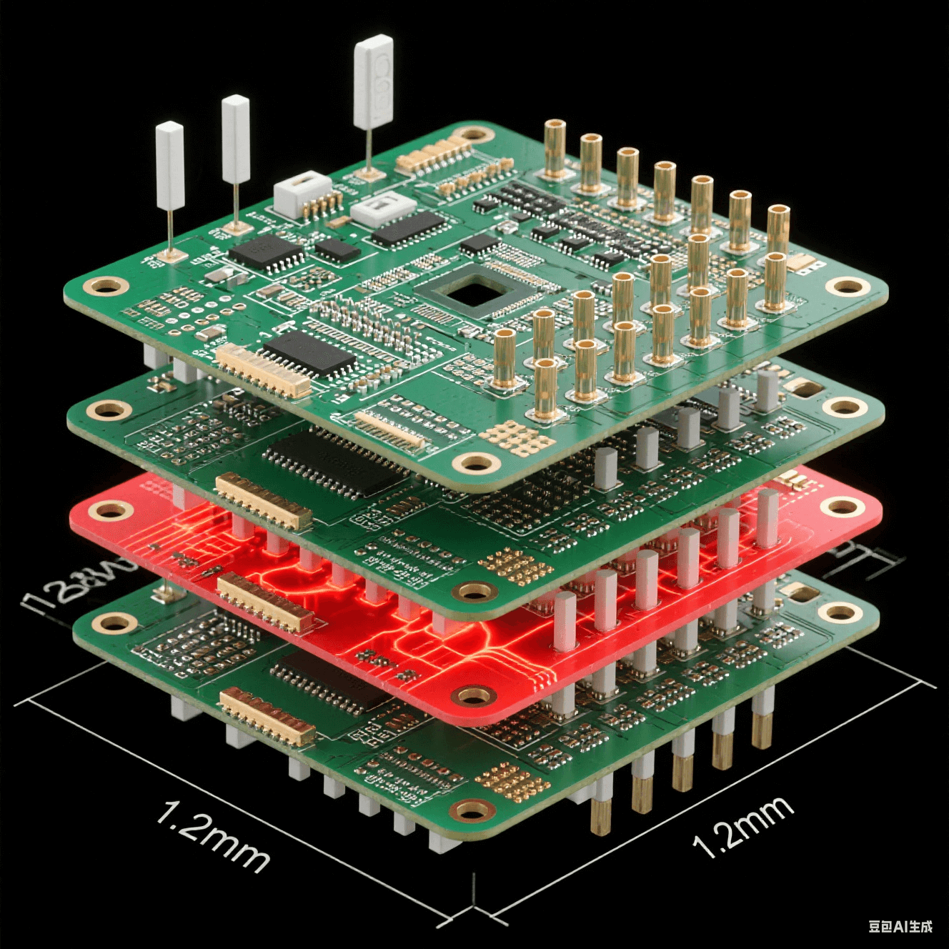 128通道天線板爆炸視圖：射頻層/電源層/信號層堆疊結(jié)構(gòu)，熱通孔陣列散發(fā)紅色熱流