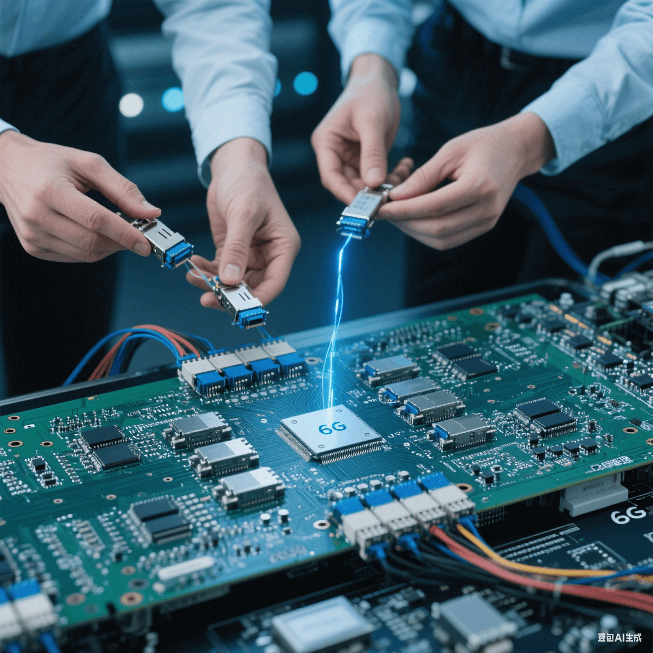 6G 通信高速電路板與硅光模塊互連，技術(shù)人員檢查連接情況和信號(hào)傳輸效果。