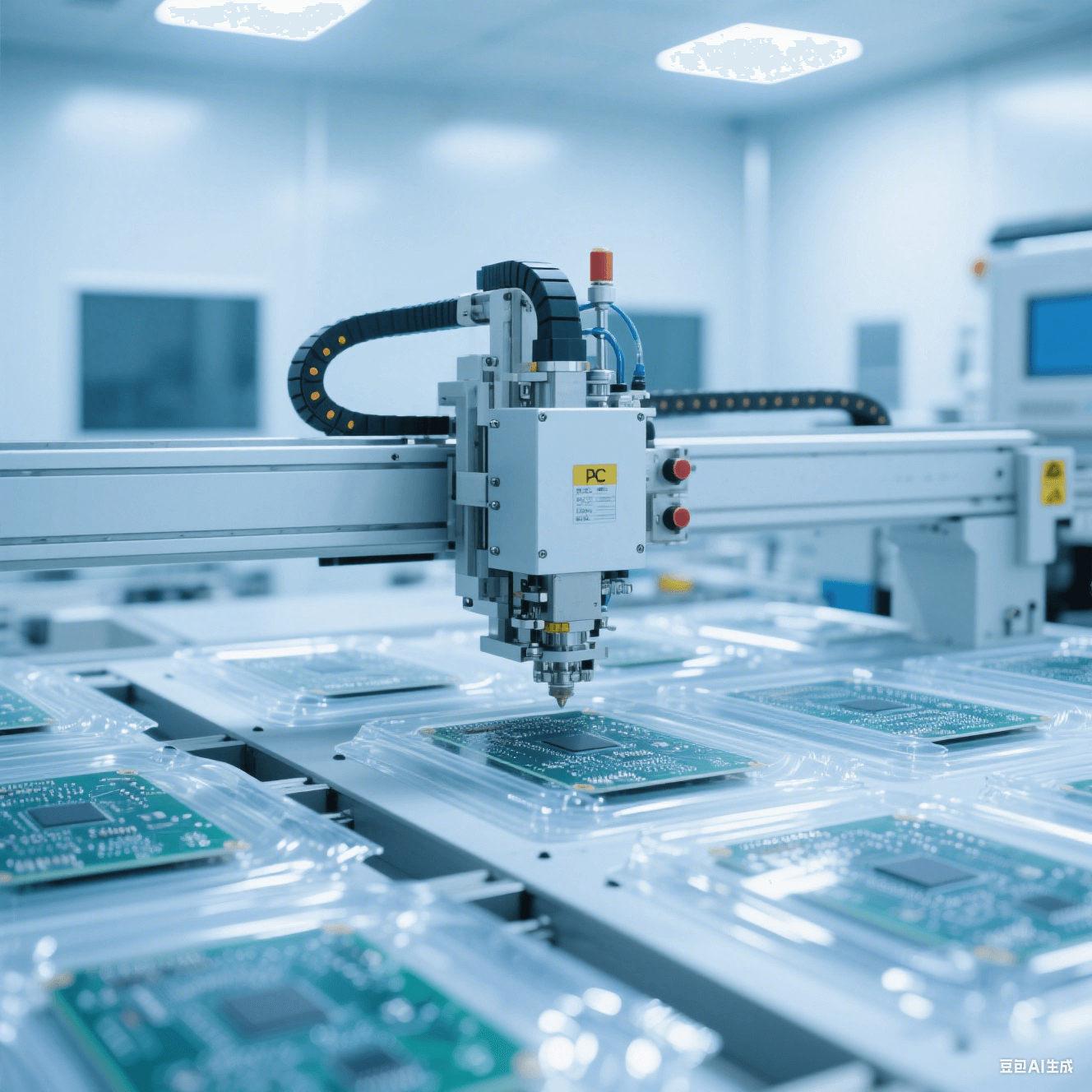 潔凈封裝車間內(nèi)自動封裝設(shè)備對 PCB 板進行封裝，透明封裝材料在燈光下反光