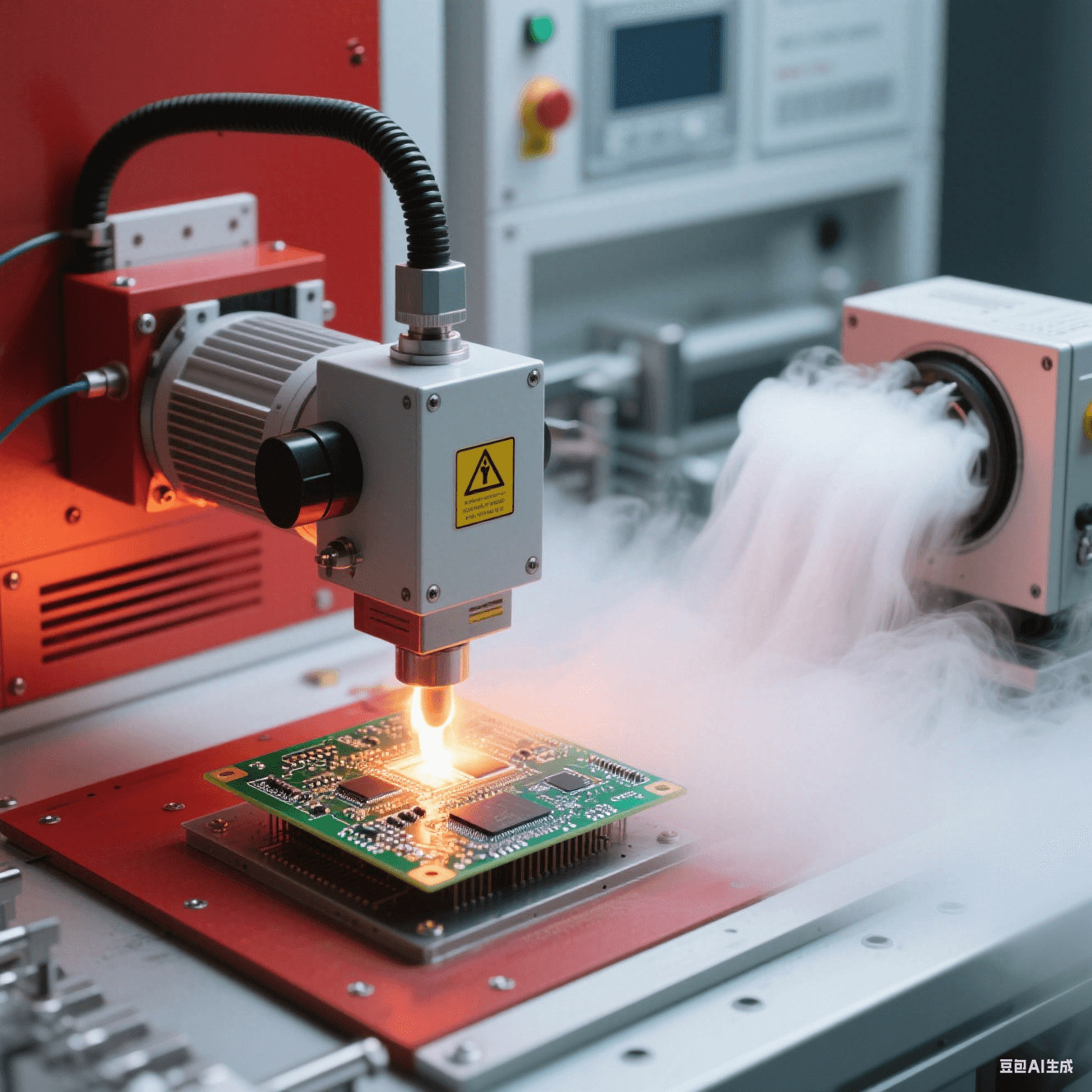 高溫測試實驗室中加熱設(shè)備對 PCB 板進行測試，冷卻裝置散發(fā)白色霧氣