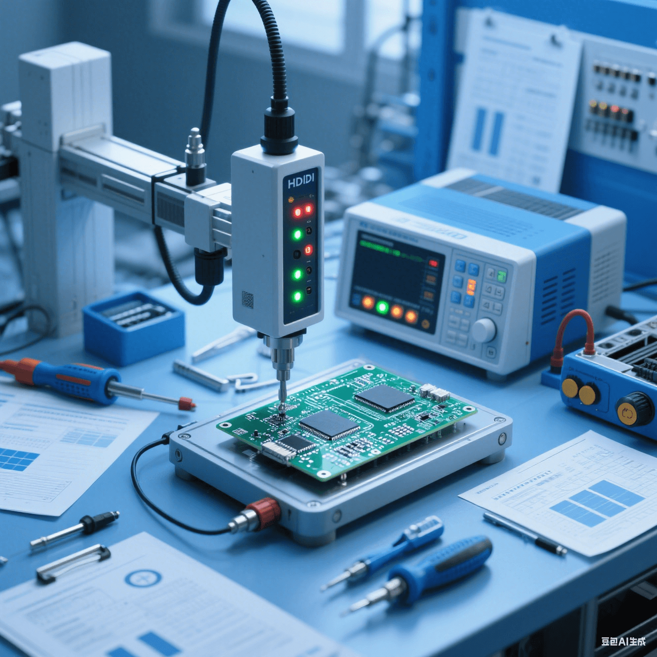 汽車電子測試車間內(nèi)測試儀器對 HDI 板進(jìn)行性能測試，儀器指示燈閃爍，周圍擺放測試工具與報告