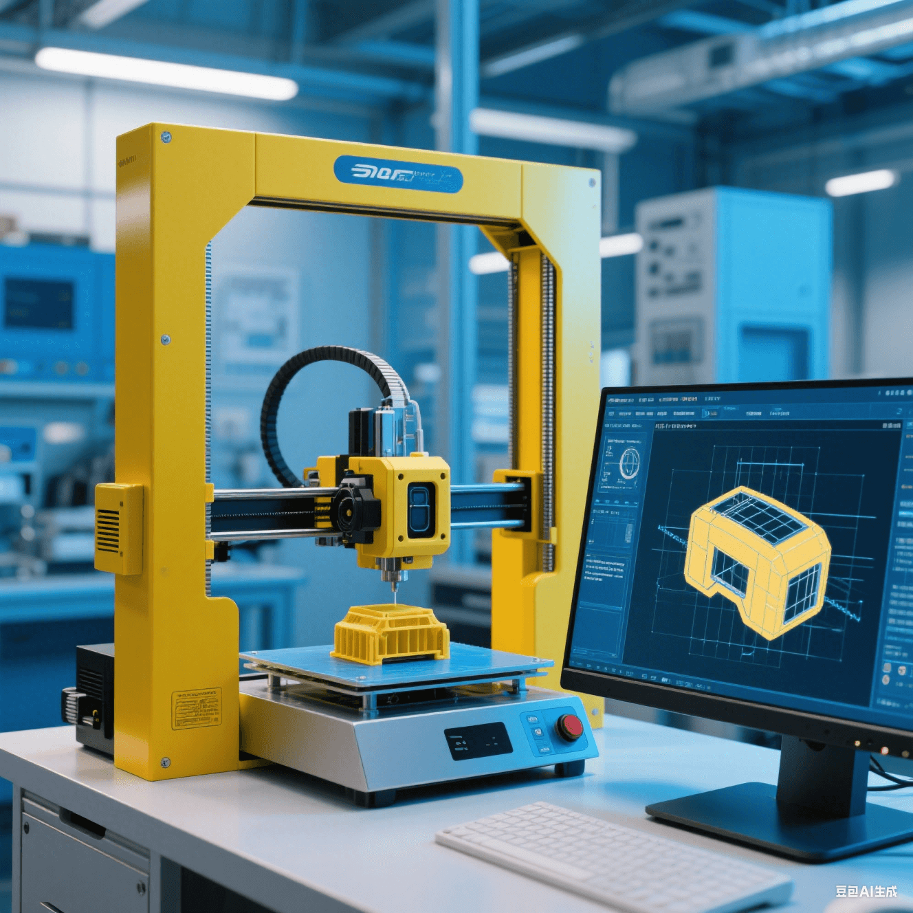 智能駕駛傳感器實驗室中 3D 打印機打印傳感器外殼模型，電腦屏幕顯示設(shè)計圖紙