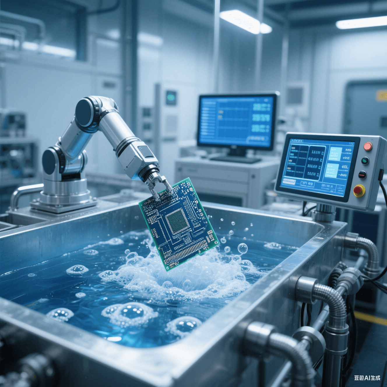 現(xiàn)代化電鍍車間中電鍍槽溶液冒泡，機械手臂將 PCB 板放入槽內(nèi)電鍍，旁側(cè)監(jiān)測儀器顯示數(shù)據(jù)