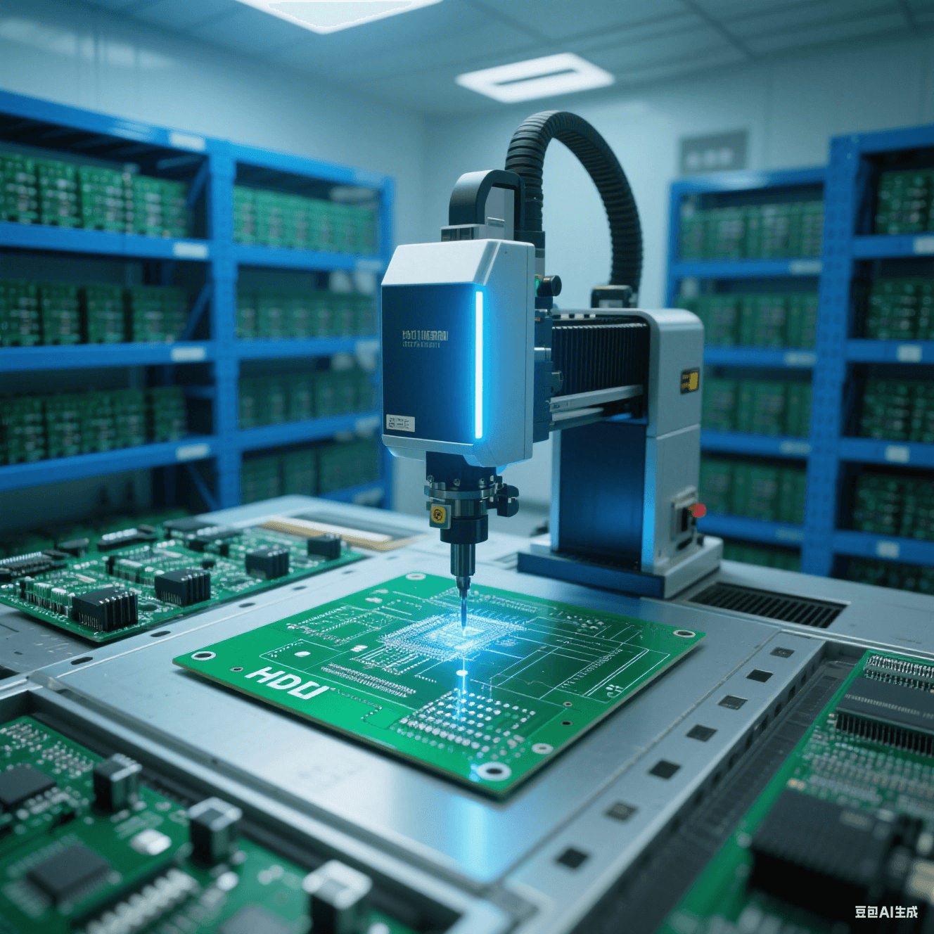 無塵車間內(nèi)先進的激光鉆孔機正對綠色 HDI 板進行高精度鉆孔，機器發(fā)出藍色光束，周圍是整齊的電子元件貨架