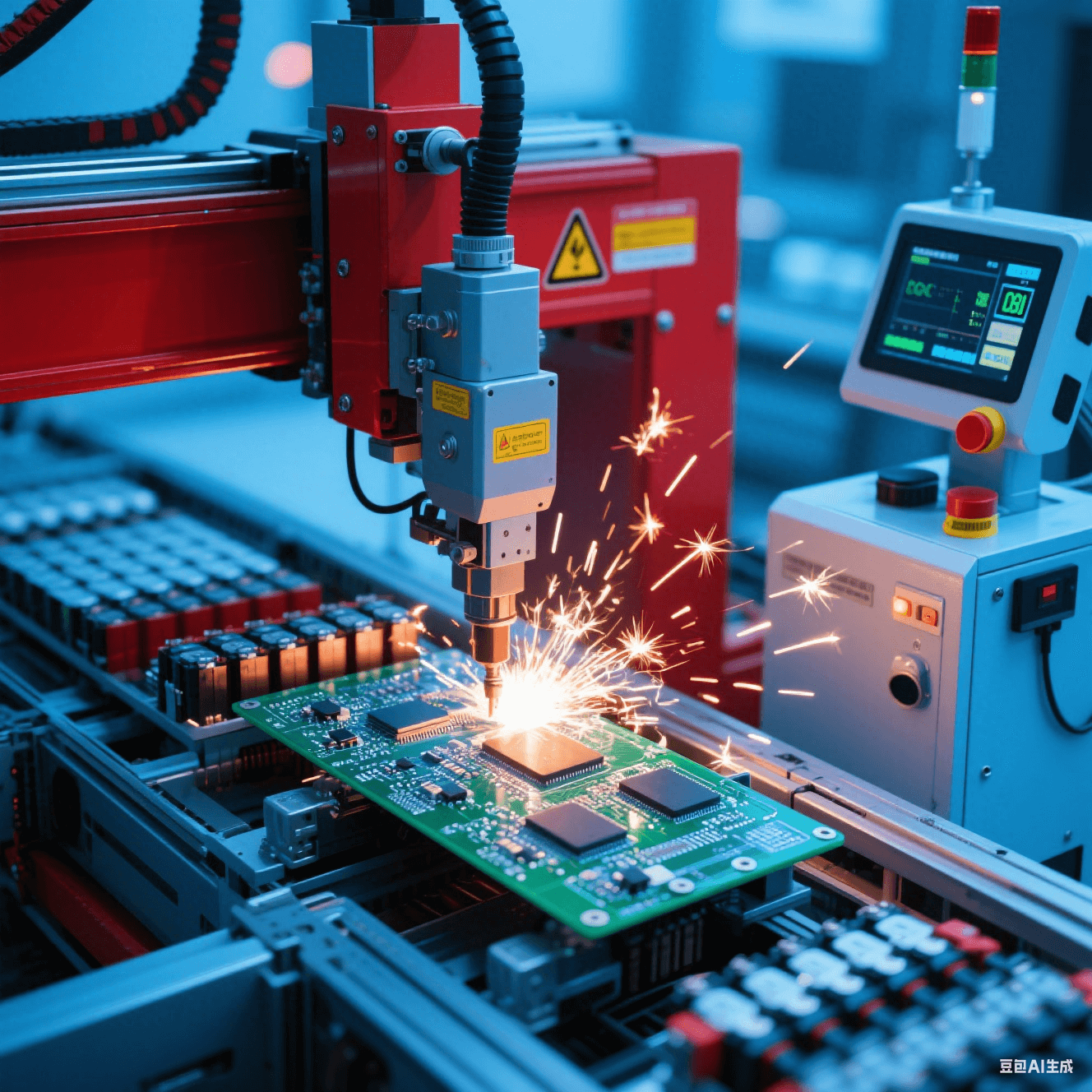 新能源汽車電池生產(chǎn)線中自動化設(shè)備焊接 BMS 板，焊接火花閃爍，旁側(cè)檢測設(shè)備監(jiān)控質(zhì)量