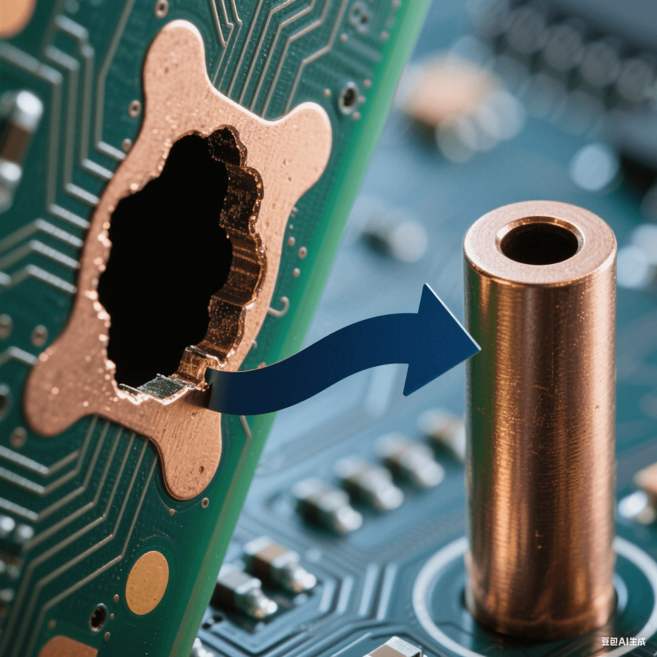 深徑比 101 的 PCB 盲孔顯微特寫，左側(cè)孔口 “狗骨” 凸起與中部空洞缺陷，右側(cè)對比均勻銅填充柱體，深藍(lán)背景中鍍液循環(huán)箭頭呈現(xiàn)孔口堵塞與孔內(nèi)暢通的動(dòng)態(tài)反差。
