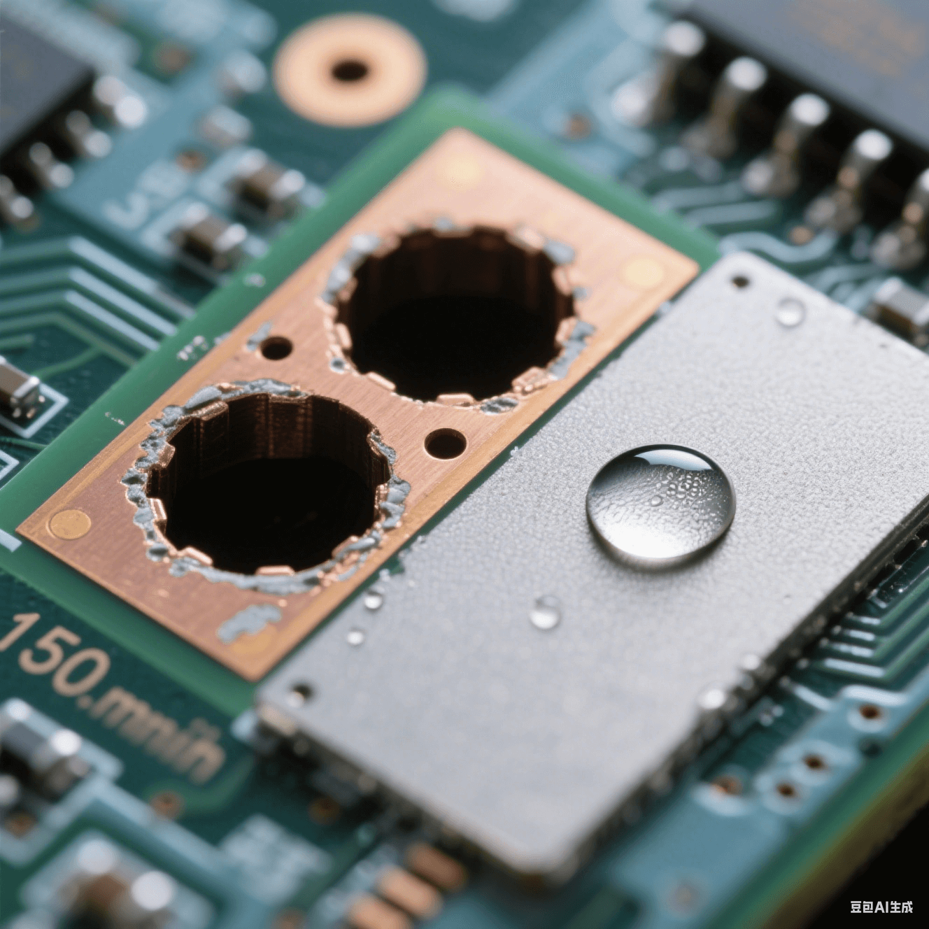 150μm 微孔橫截面顯微攝影：左側(cè)孔壁殘留環(huán)氧樹脂暗斑，右側(cè)清潔后呈現(xiàn)均勻磨砂微蝕表面，對比 85° 水滴與 30° 鋪展水膜的接觸角差異，電路板背景景深虛化