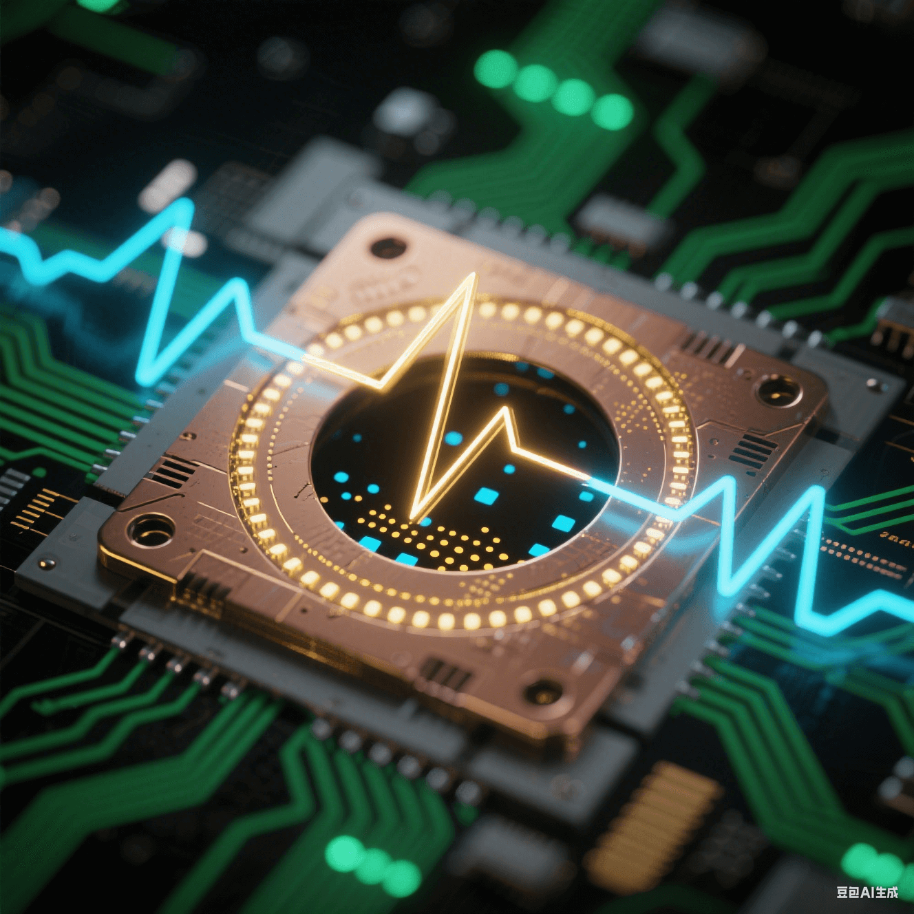 PCB 孔洞懸浮于深空黑背景，金色正向脈沖與藍(lán)色反向脈沖波形環(huán)繞，孔內(nèi)離子濃度以孔口稀疏藍(lán)點(diǎn)、孔底密集金點(diǎn)的漸變粒子流表現(xiàn)