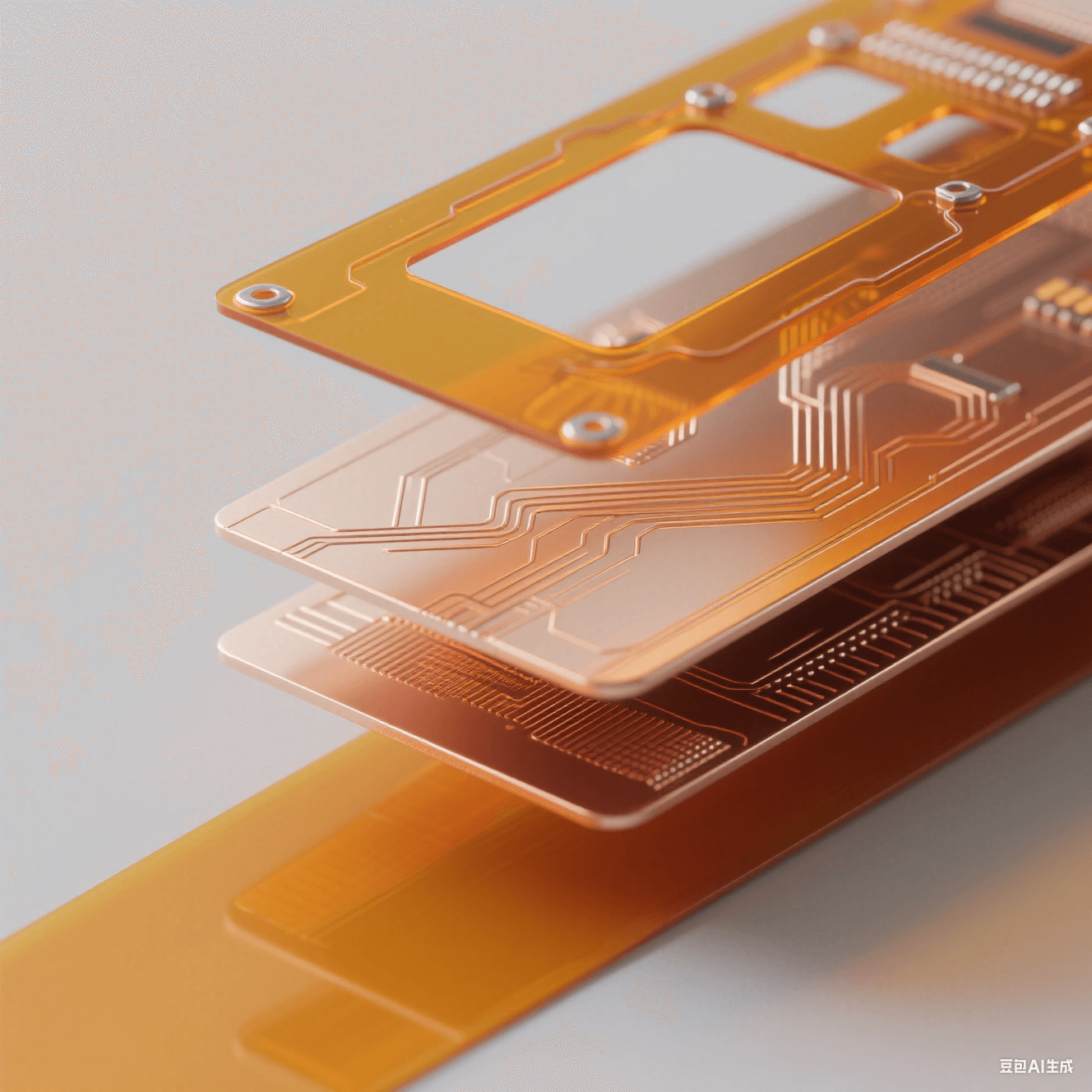 聚酰亞胺柔性板(PI FPC)核心結(jié)構(gòu)分解圖：展示PI基材、銅線路層與PI覆蓋膜