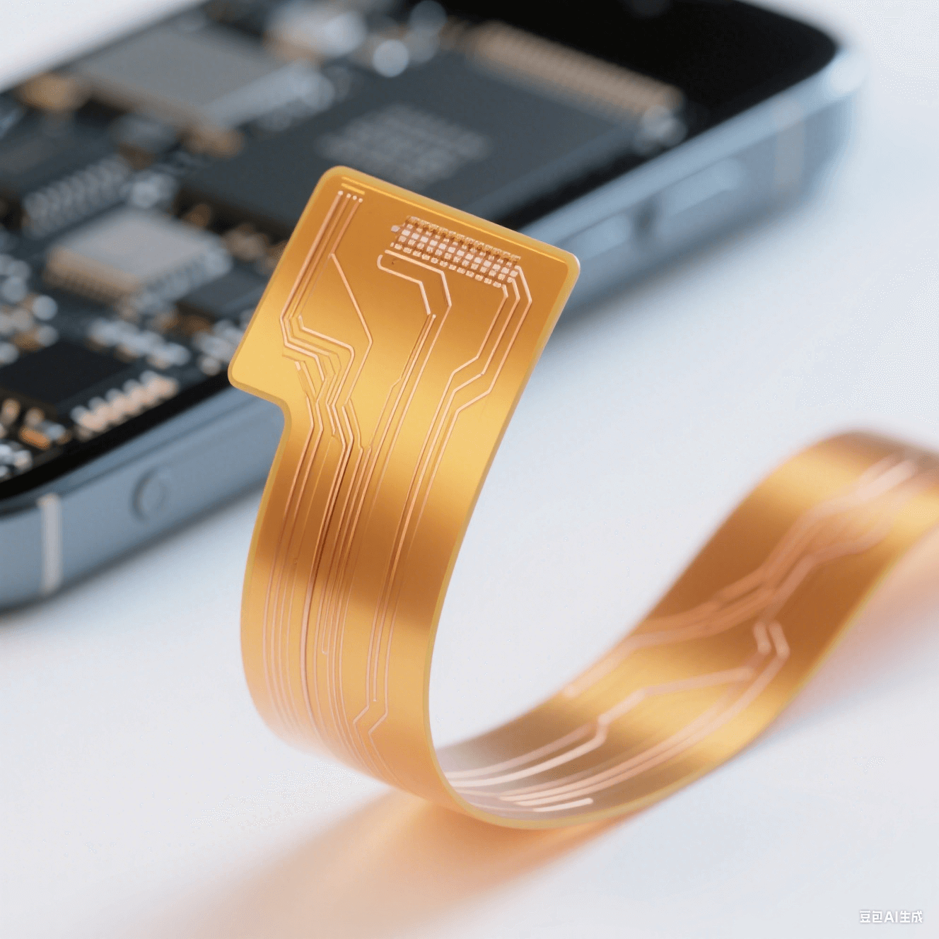 聚酰亞胺柔性板(PI FPC)特寫圖：展示輕薄彎曲形態(tài)與精細(xì)銅線路，背景暗示消費(fèi)電子產(chǎn)品應(yīng)用