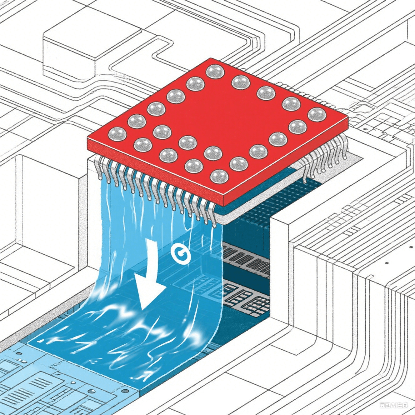 BGA封裝散熱原理：芯片核心紅色高溫區(qū)經(jīng)焊球陣列傳導(dǎo)至藍(lán)色低溫基板，箭頭指示15℃溫降，液態(tài)金屬在基板層流動