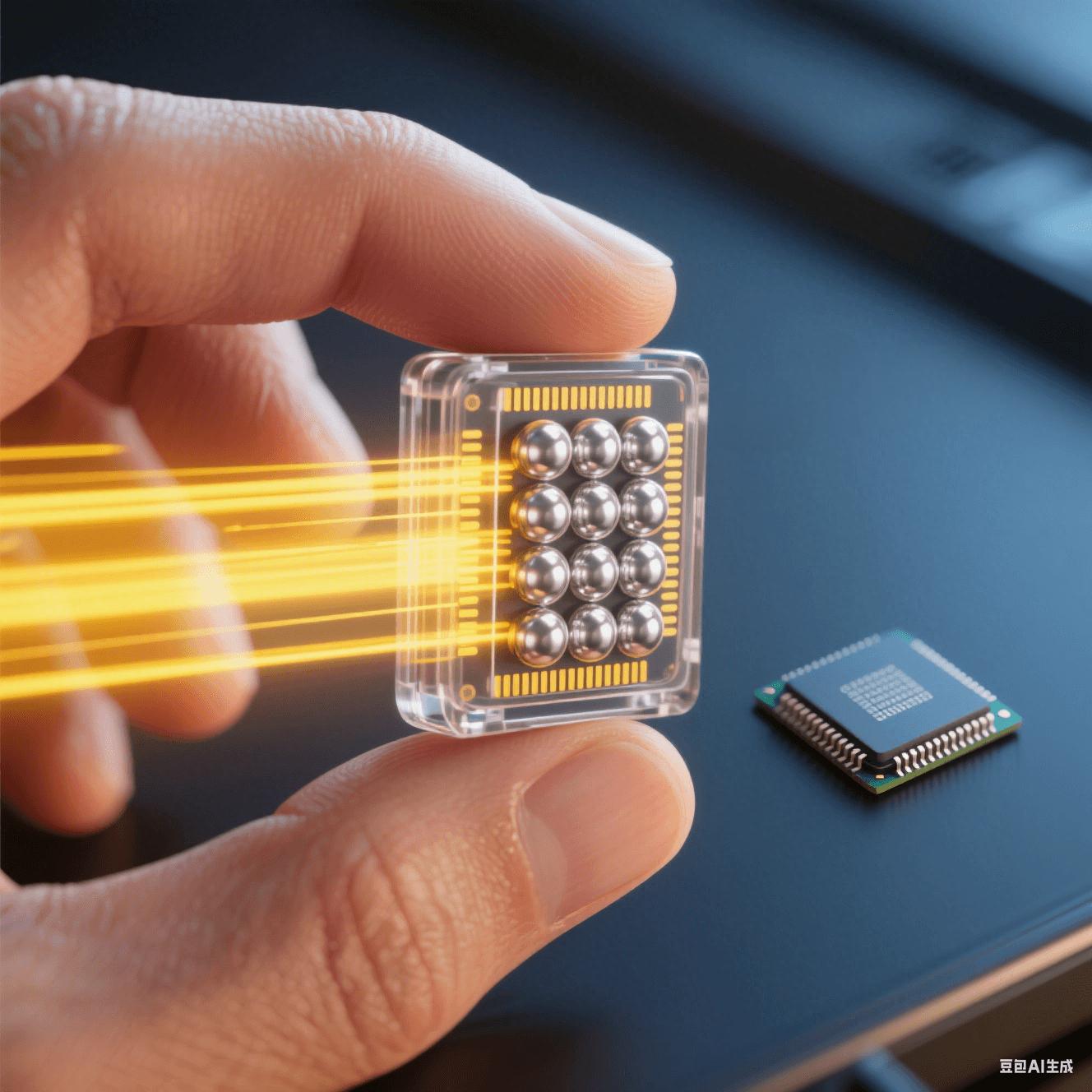 微型存儲芯片應(yīng)用：人手捏持透明封裝的BGA芯片，顯露內(nèi)部焊球陣列，黃色光束象征高速數(shù)據(jù)傳輸，與傳統(tǒng)芯片尺寸對比