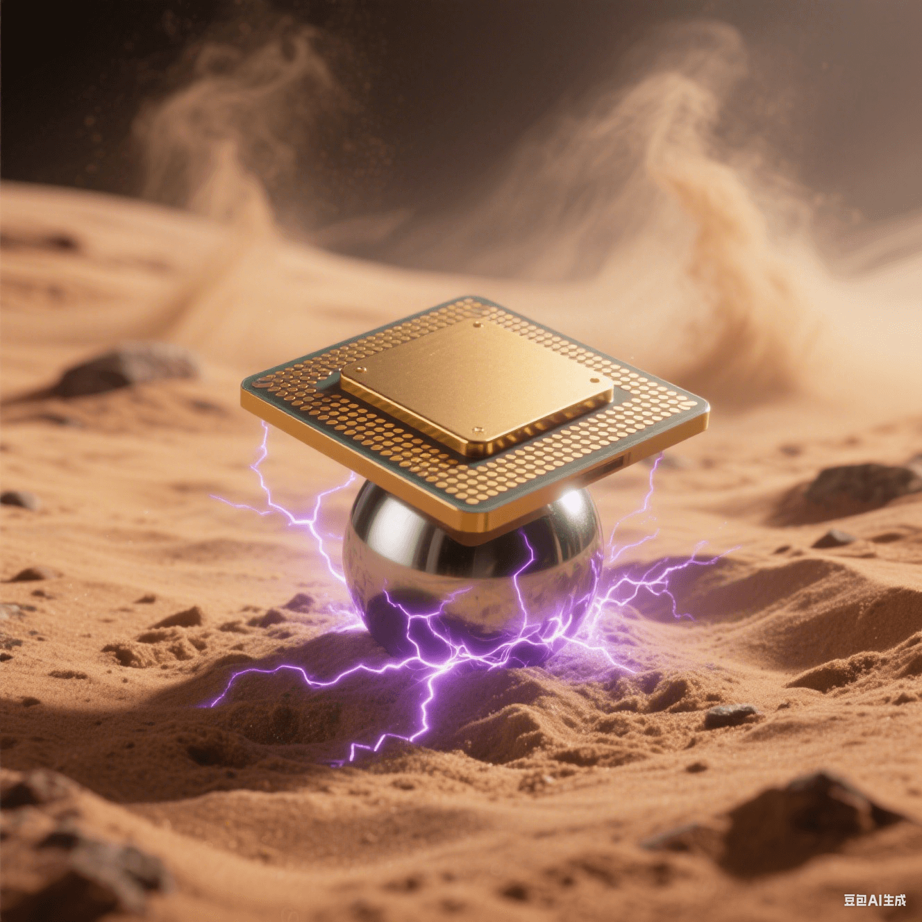 極端環(huán)境應(yīng)用：金色陶瓷封裝芯片置于火星沙地，底部焊球外露，紫色電弧模擬抗輻射性能，沙塵暴背景凸顯可靠性