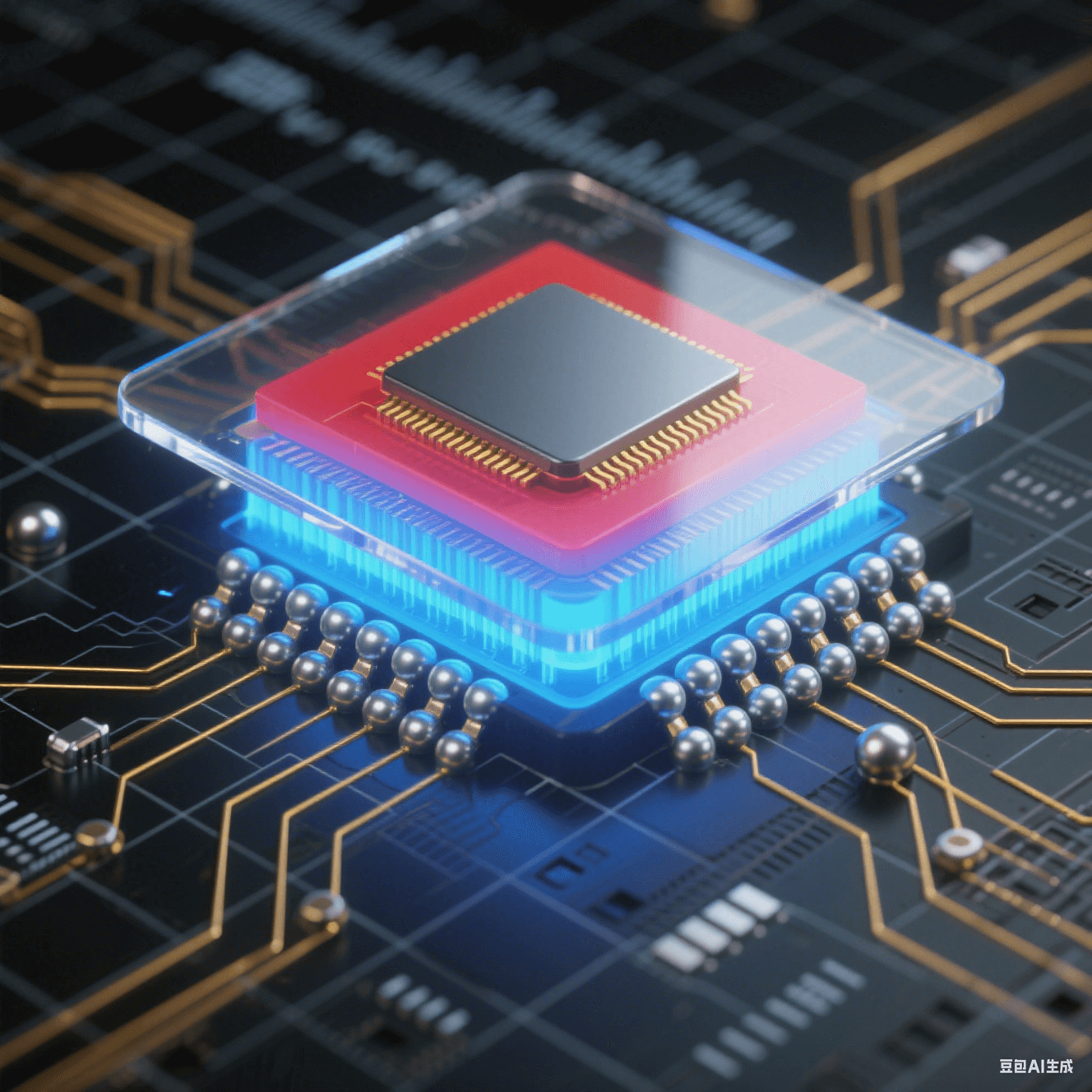 球柵陣列封裝剖面圖：展示電路板基座上芯片的底部銀色焊球陣列，金色導(dǎo)線連接中央硅晶片，內(nèi)部藍(lán)色信號路徑與紅藍(lán)漸變的散熱流向，背景帶微米級刻度尺