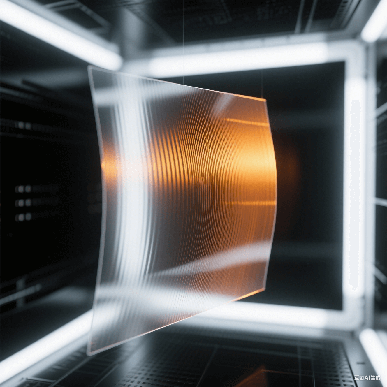 透明PI膜懸浮于冷白光真空腔，150℃/250℃溫階折射出橙/金雙色干涉條紋，殘余應(yīng)力消散軌跡具象化為偏振光柵變形