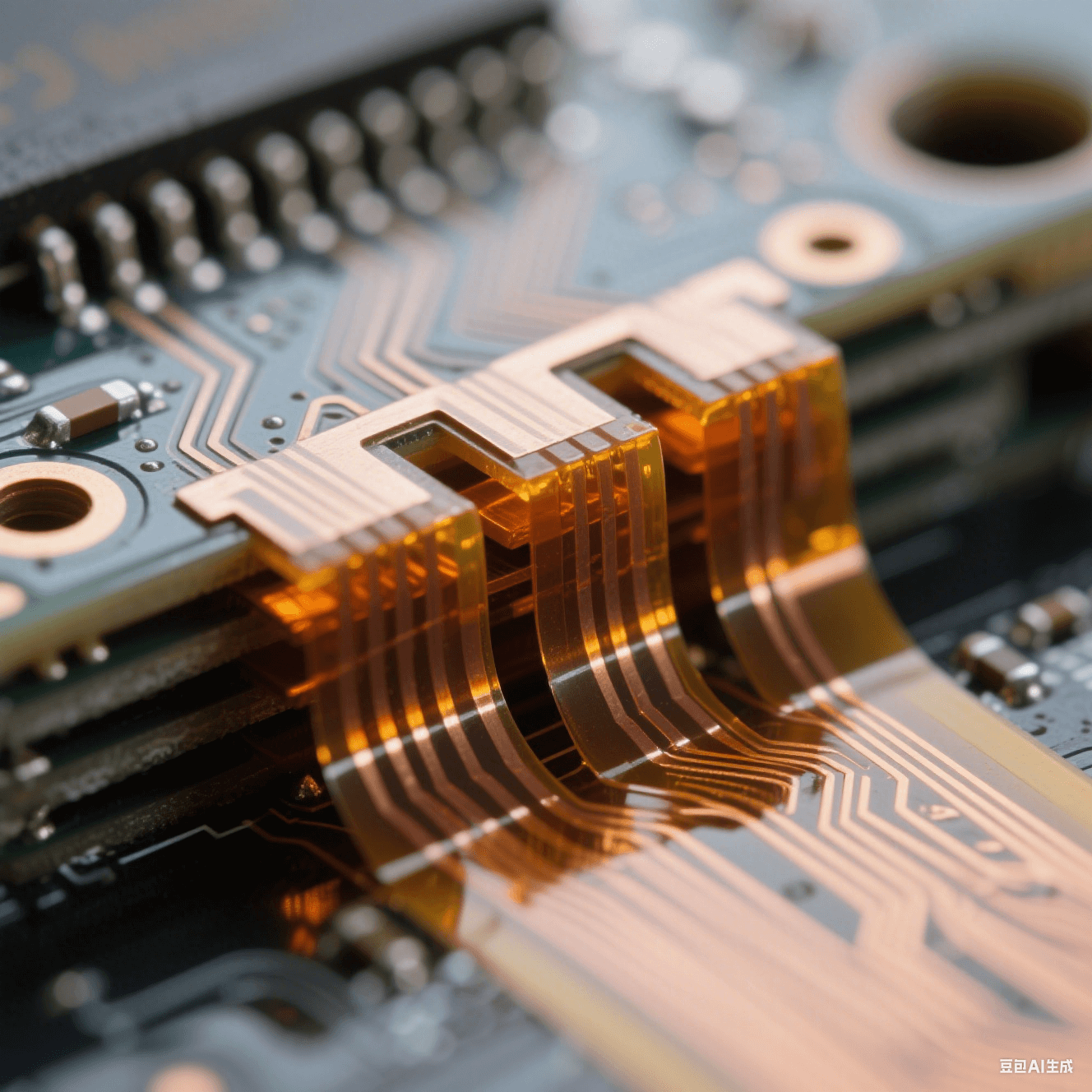 微距攝影：超薄聚酰亞胺薄膜與銅箔交錯疊加的橫截面，琥珀色半固化膠層如琥珀包裹電路，金屬光澤與啞光基材形成材質(zhì)對比