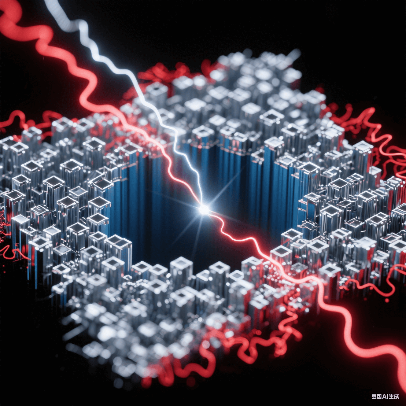 銀色正向電流束在深藍(lán)孔底構(gòu)建致密晶體矩陣，紅色反向電流波紋溶解邊緣毛刺，金屬離子流呈現(xiàn)粒子軌跡追蹤特效