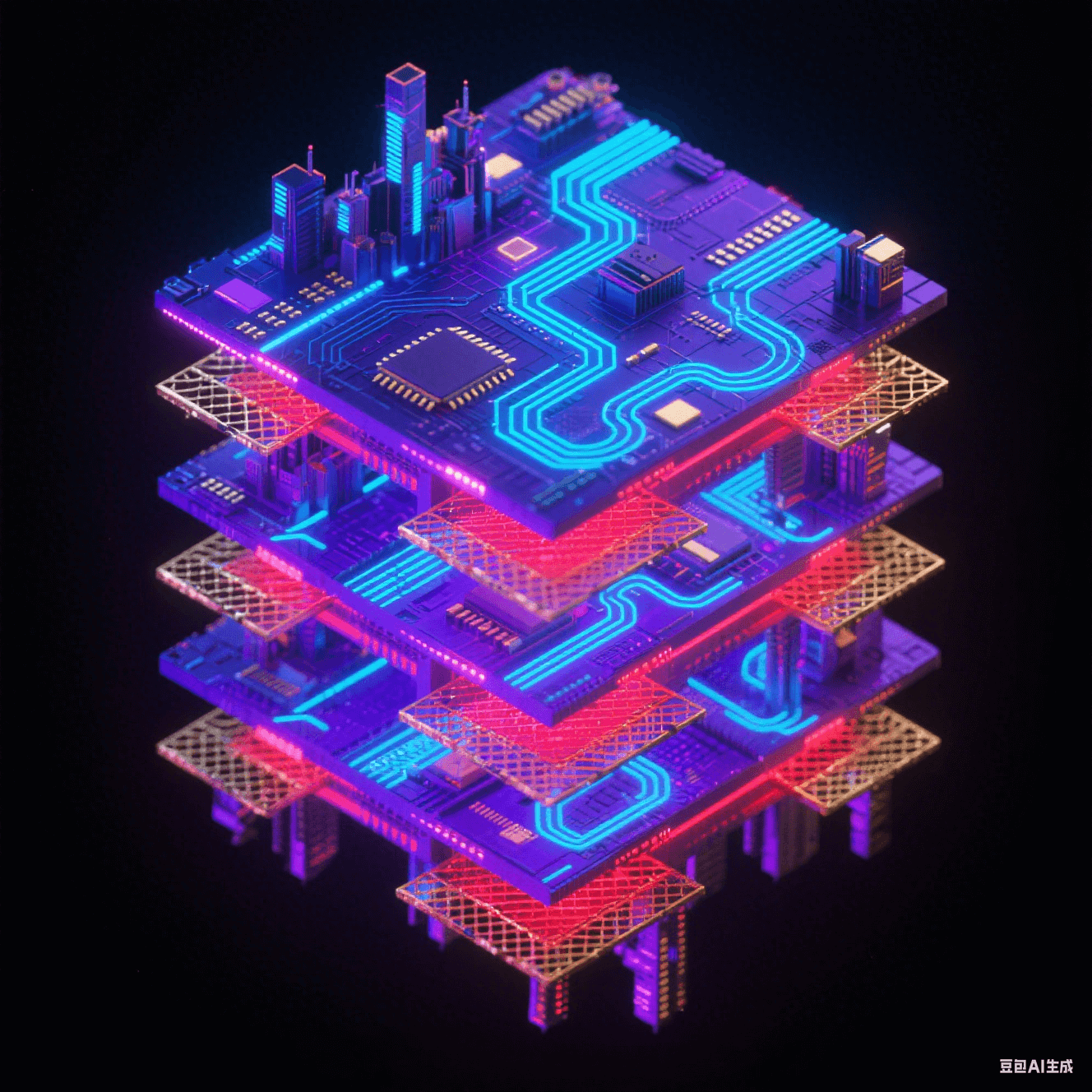 霓虹藍紫光效的8層電路板爆炸視圖：信號層蛇形走線發(fā)藍光，電源層泛紅光，接地層呈金網(wǎng)，各層懸浮排列如未來城市