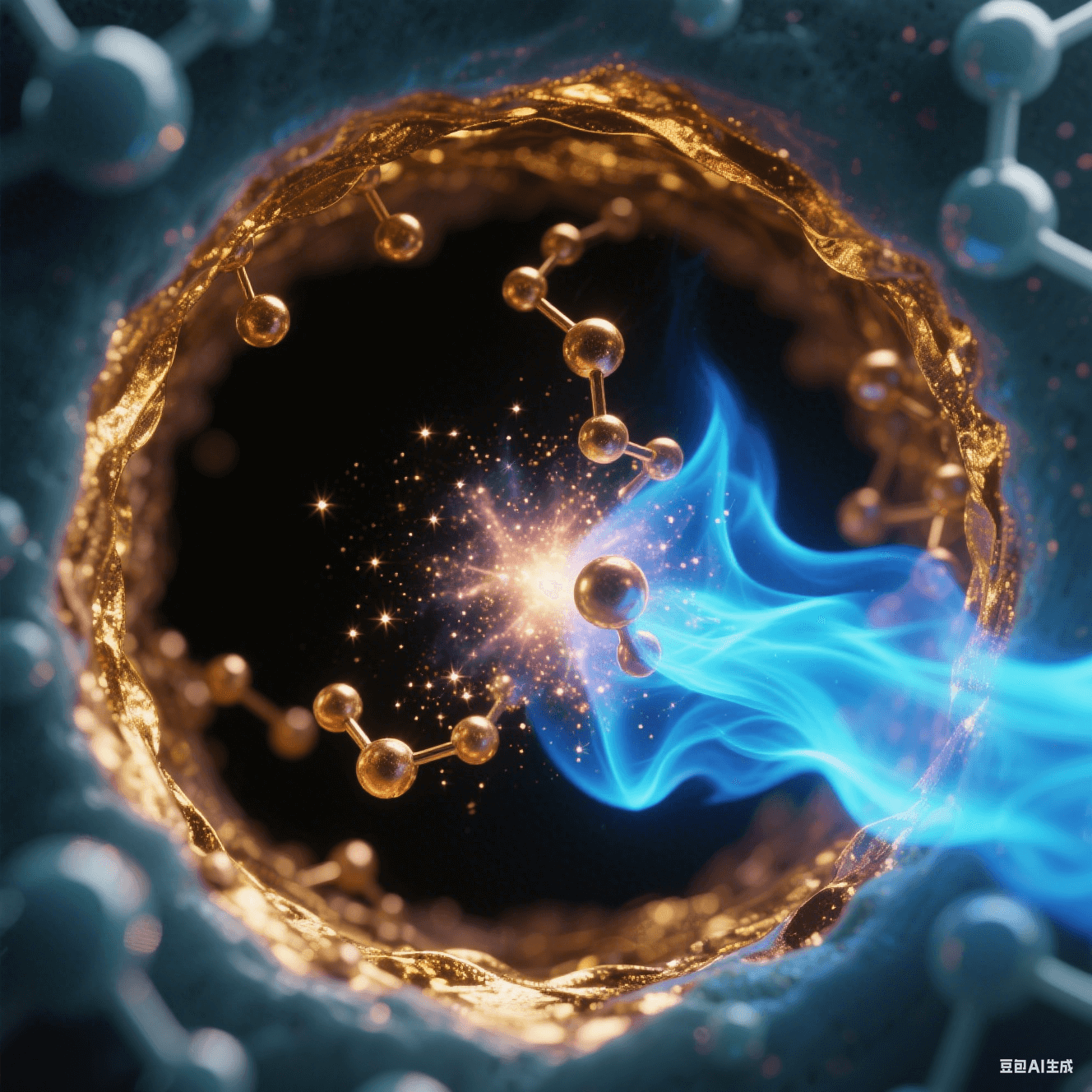 氧等離子體流如藍(lán)色火焰掃過微孔，孔壁表面能提升形成金色親水膜，化學(xué)沉銅離子如星云向孔內(nèi)聚集 