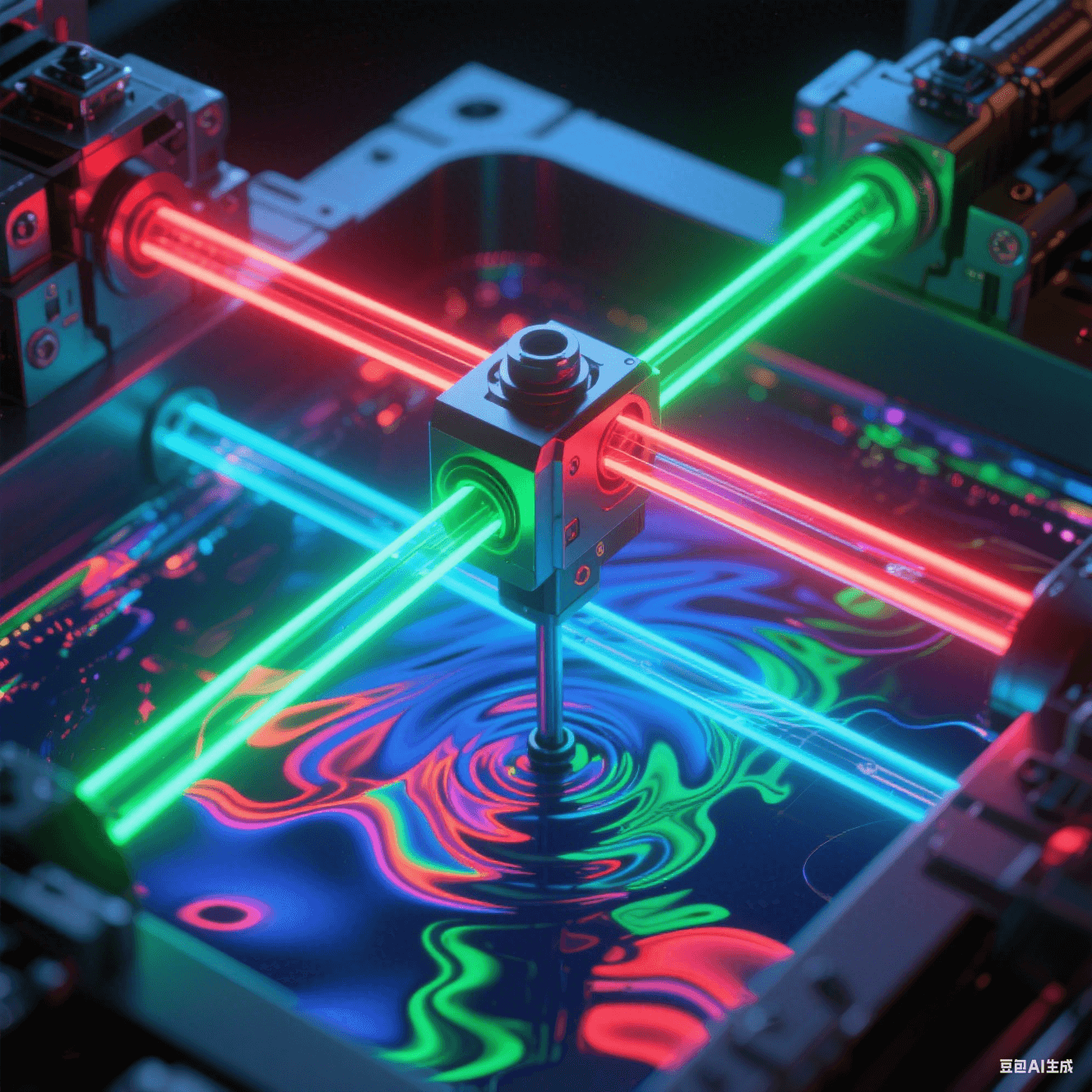 紅/綠/藍(lán)三色光軌沿XYZ軸規(guī)律脈動(dòng)，電解液在透明電鍍槽內(nèi)形成非牛頓流體波紋，濃度梯度折射虹彩光暈