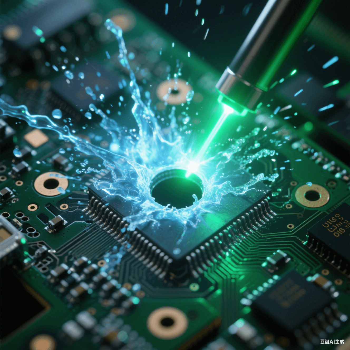 532nm綠激光脈沖穿透電路板瞬間，等離子體藍(lán)光從0.1mm孔內(nèi)爆發(fā)，熱影響區(qū)控制在3μm內(nèi)的冰凍特效