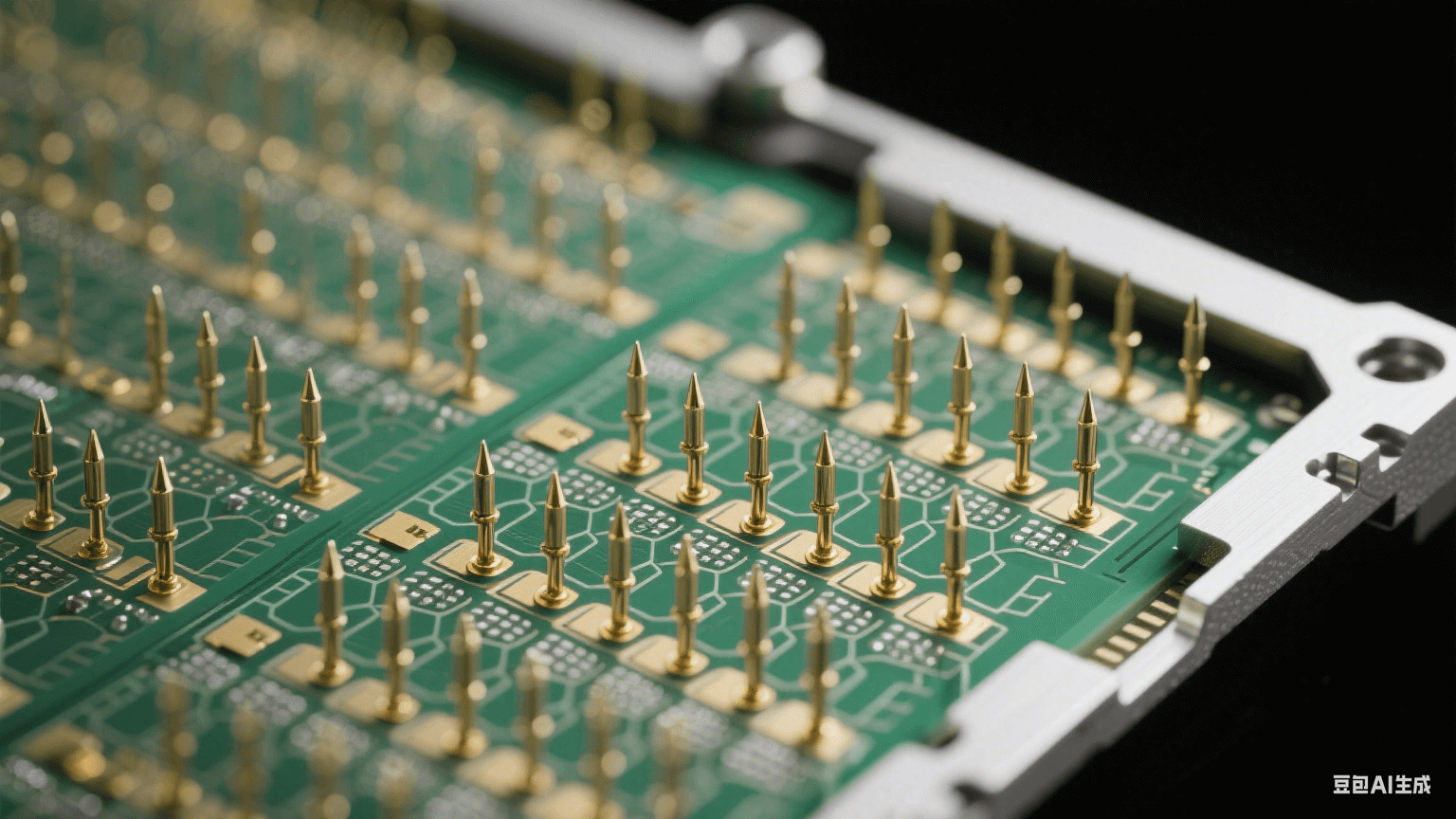 晶圓探針卡顯微結(jié)構(gòu)：殷鋼框架蜂窩陣列探針，3μm鍍金針尖以8-12gf接觸力壓接30μm焊盤，聚酰亞胺應(yīng)力緩沖層釋放機械應(yīng)力，翠綠色EMI屏蔽網(wǎng)隔離信號通道