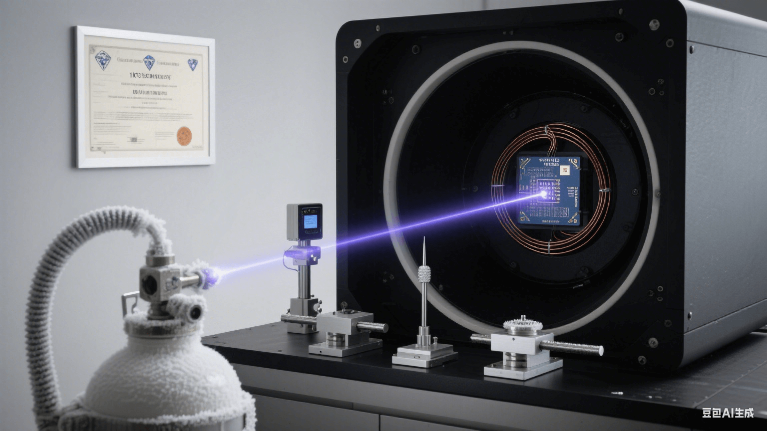 超導(dǎo)量子測試系統(tǒng)：液氦杜瓦瓶連接真空腔，超導(dǎo)線圈激發(fā)量子比特糾纏光軌，納米位移臺探針掃描芯片信號