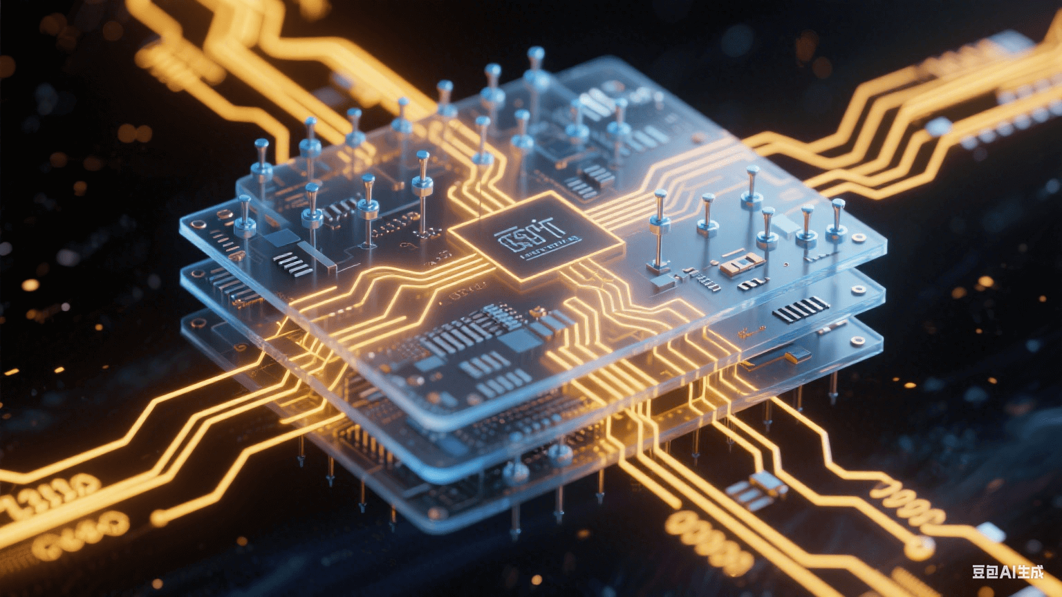 多層電路板信號傳輸系統(tǒng)：0.05mm線寬金色電路通道中脈沖電流流動，冰藍色探針陣列精準(zhǔn)接觸納米焊盤，-40℃至125℃溫標(biāo)環(huán)包裹的極端環(huán)境測試場景