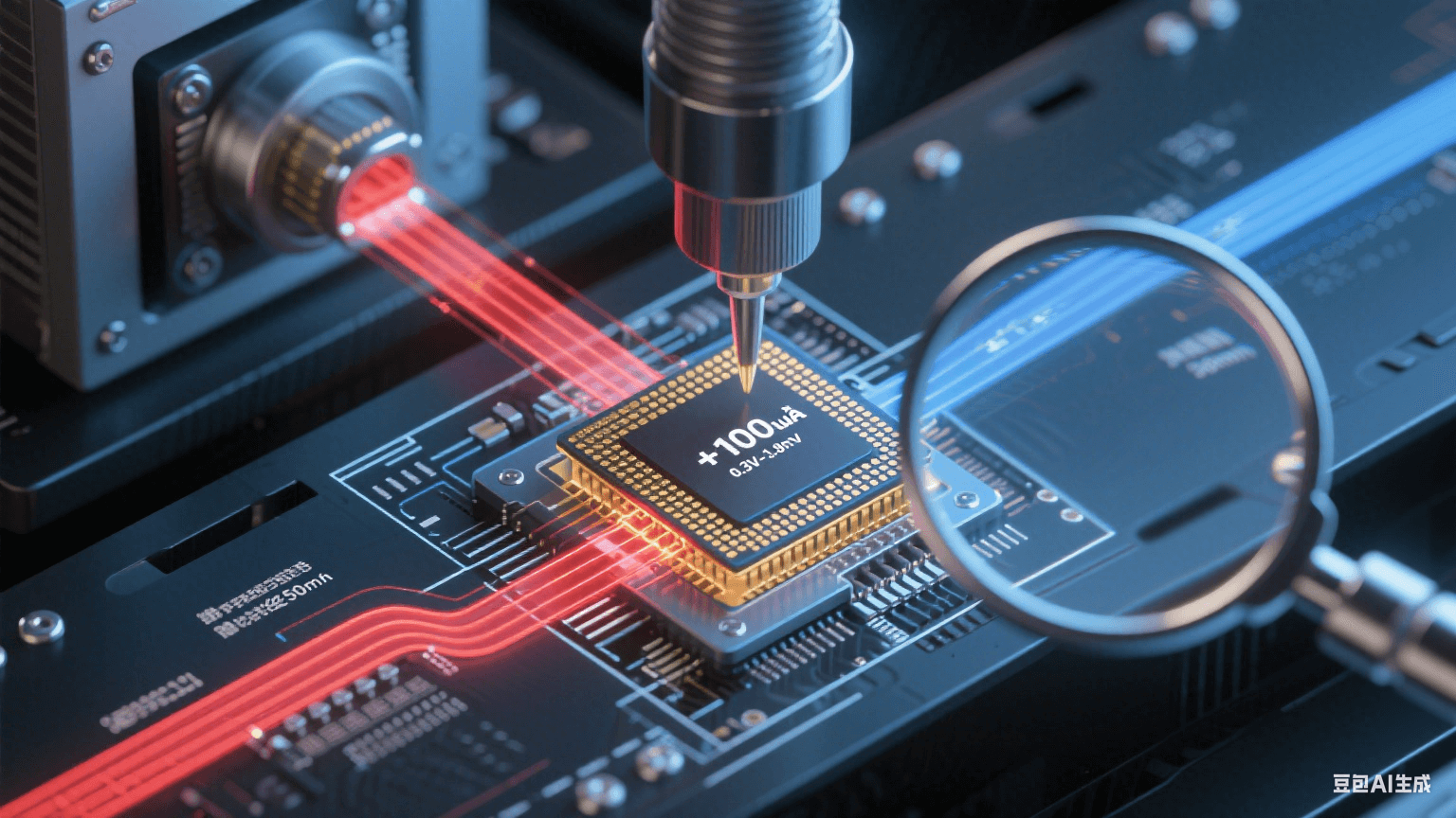 ATE測試信號閉環(huán)流程圖：紅色激勵信號經(jīng)50Ω微帶線輸入BGA芯片，金色響應(yīng)信號返回ATE機臺，顯微特寫顯示±100μA電流在0.3V-0.8V保護二極管測試區(qū)間