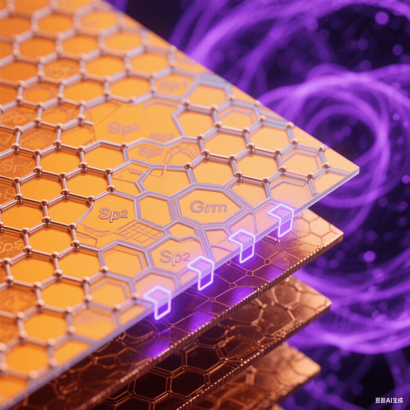 透射電鏡風(fēng)格界面層：橙黃銅晶格表面覆蓋碳六邊形網(wǎng)絡(luò)，鍵合處泛藍(lán)紫量子輝光，深紫電子云背景