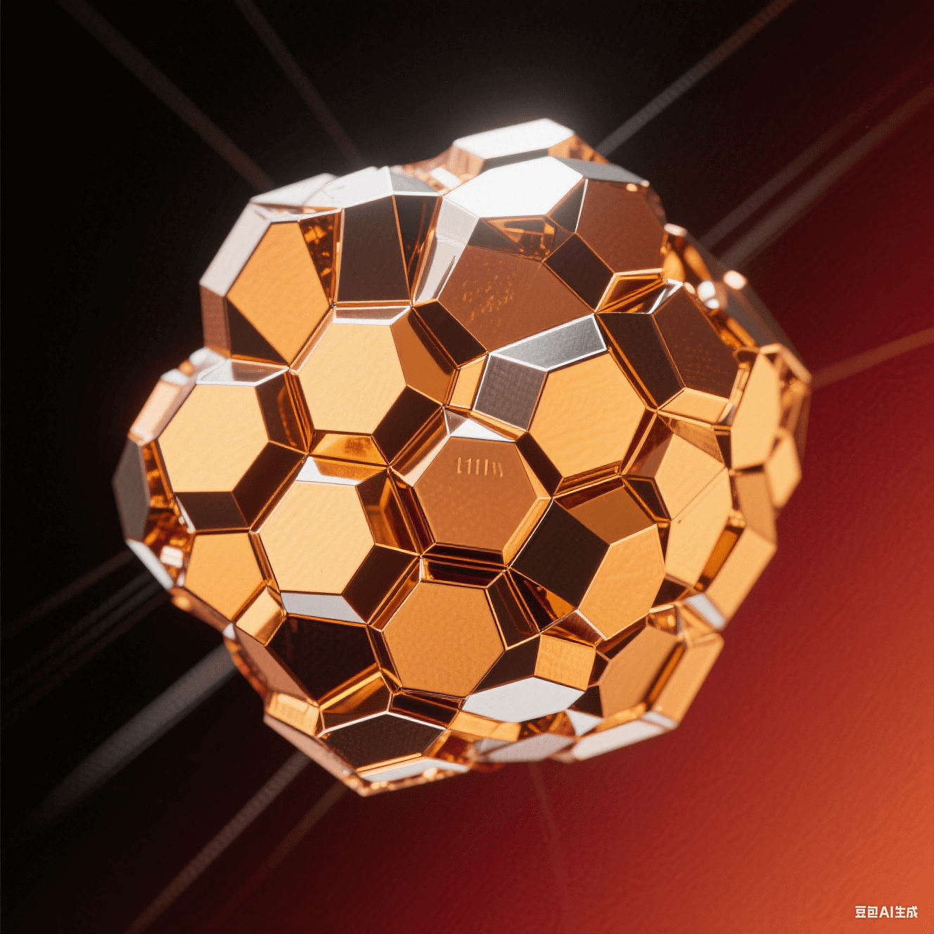 藝術(shù)化銅晶體顯微圖：暖金色等軸晶粒緊密鑲嵌，六邊形晶面反射定向光束，深紅背景強(qiáng)化金屬晶界光澤