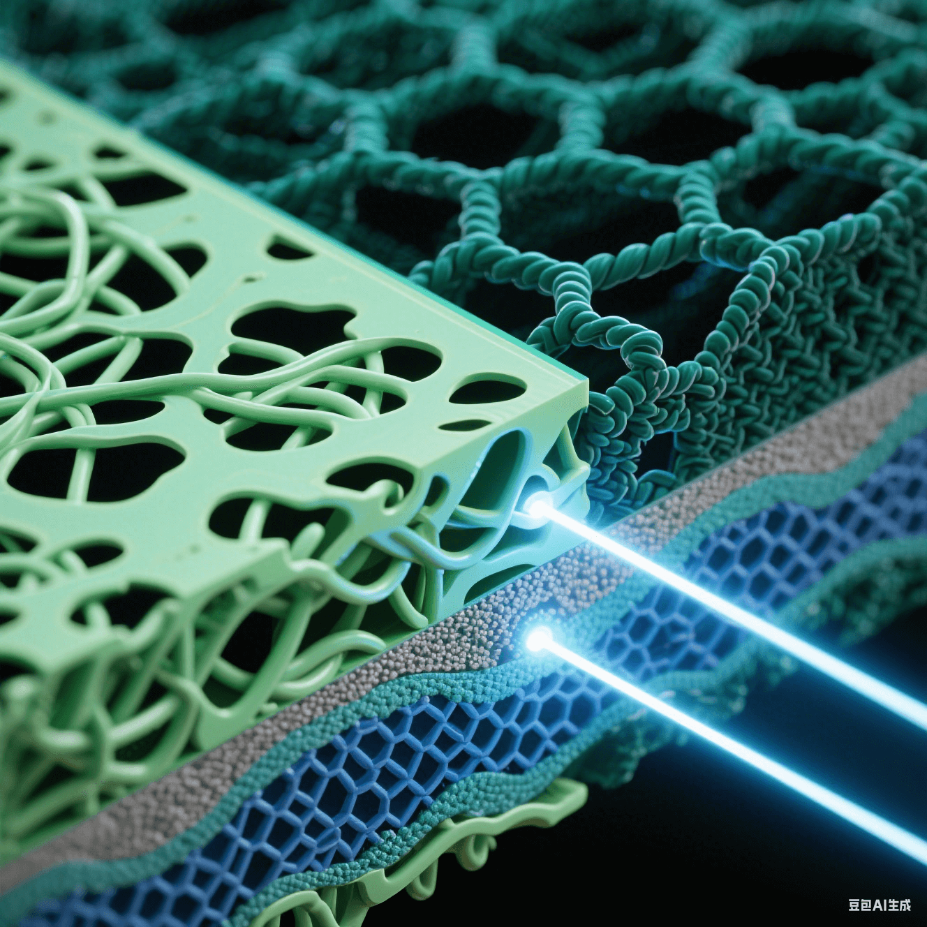 納米級樹脂剖面藝術(shù)圖：左側(cè)淺綠松散分子鏈含黑色孔隙，右側(cè)墨綠致密交聯(lián)網(wǎng)絡(luò)呈剛性六邊形，青白紫外光束穿透層間
