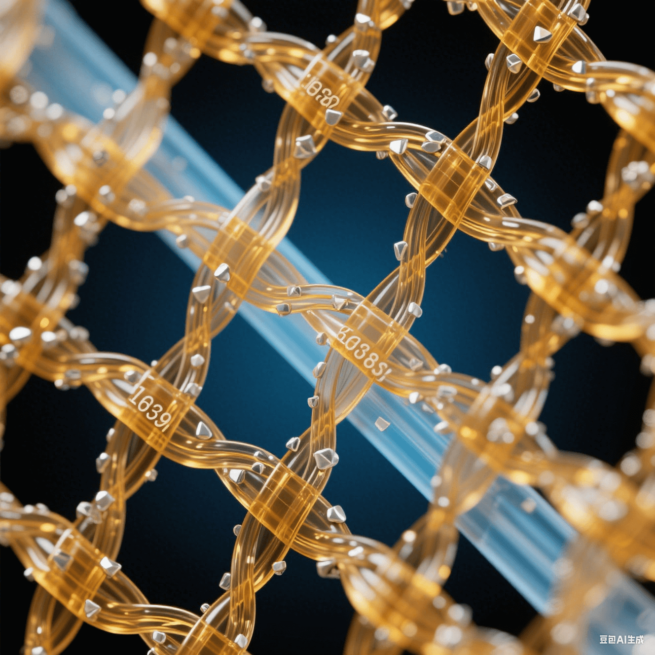 透明玻璃纖維束嵌入琥珀色環(huán)氧樹脂網(wǎng)格，表面附著銀白色納米顆粒，冷藍(lán)背光突顯三維網(wǎng)狀復(fù)合結(jié)構(gòu)