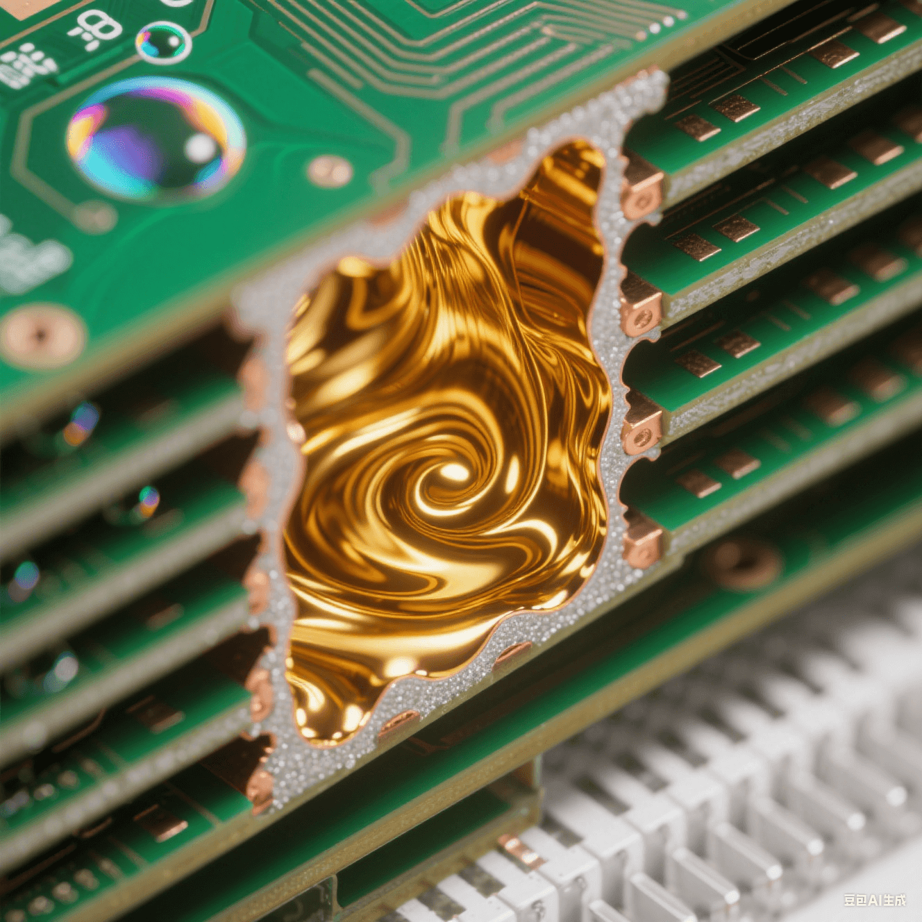 顯微視角下黃金電解液填充HDI板微孔的過(guò)程，鏡面銅層沉積于孔壁，多層啞光綠阻焊與古銅導(dǎo)電層交替，呈現(xiàn)高密度互連板的脈沖電鍍填孔先進(jìn)工藝