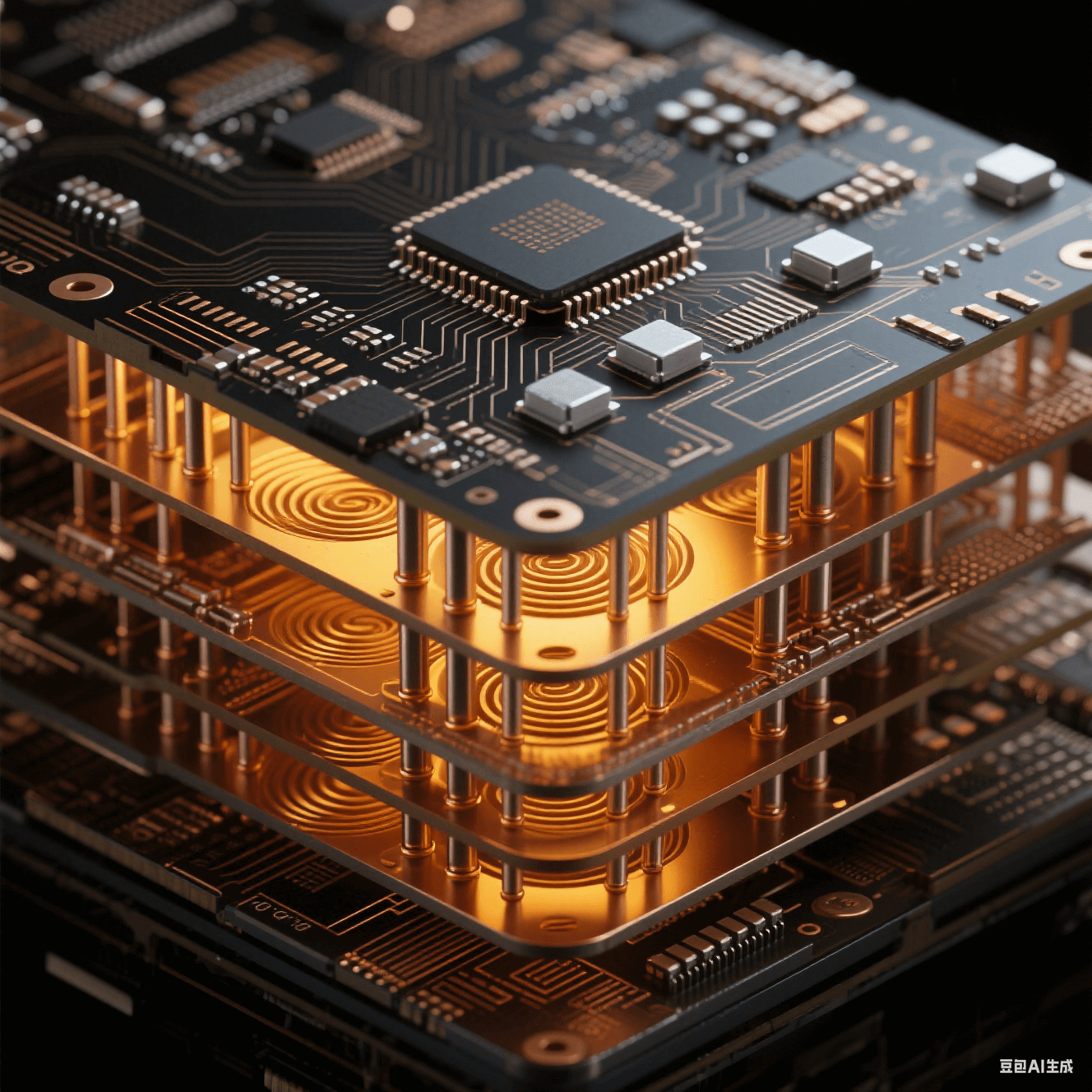 電鏡級(jí)HDI板3D堆疊截面，銀灰陶瓷電容嵌入層間介質(zhì)，螺旋銅孔與散熱銅柱展現(xiàn)2.5D封裝材料界面科學(xué)