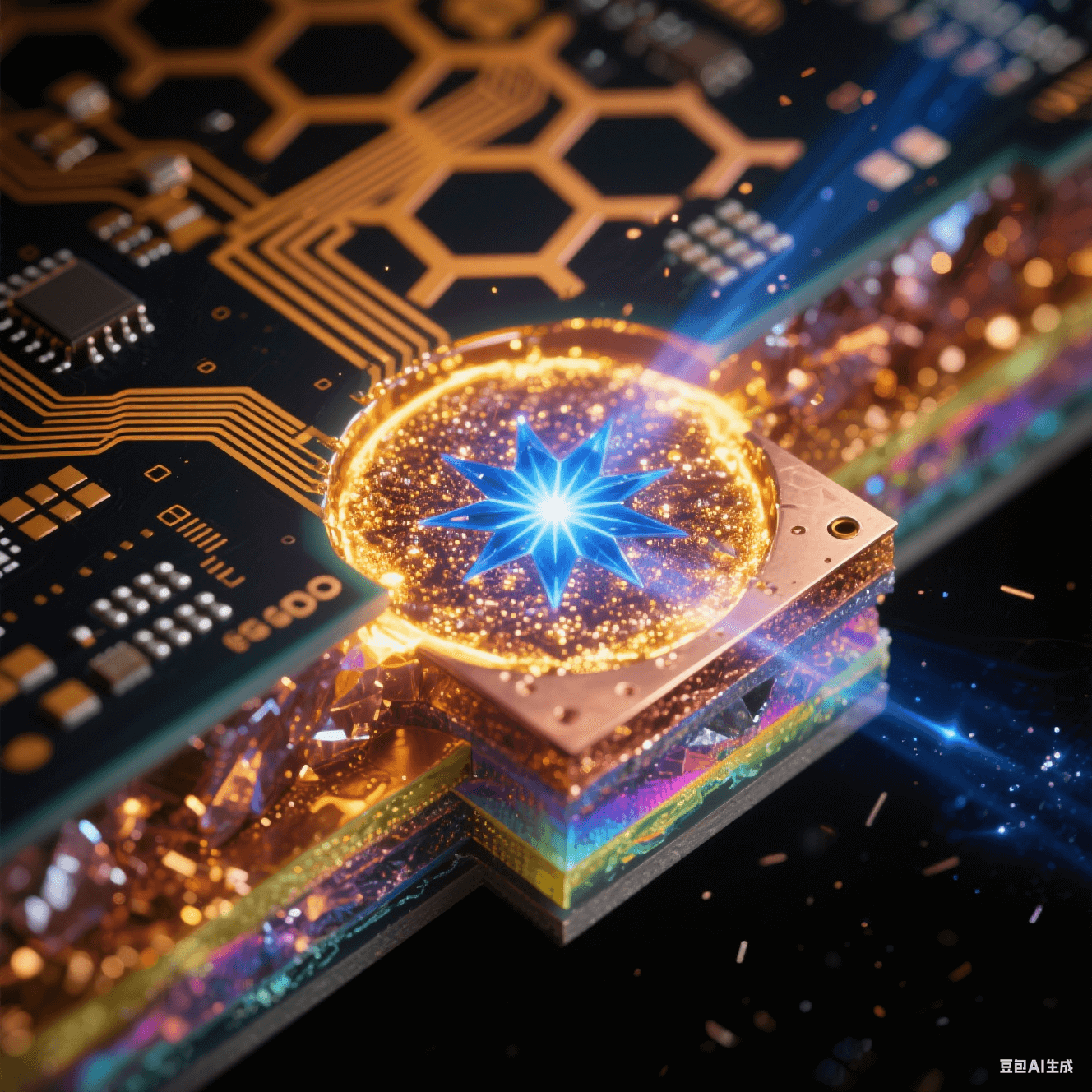 超流體動(dòng)力學(xué)渲染的多層HDI板4D集成概念，液態(tài)光子流在透明基板立體通道穿行，鉆石微粒元件自組裝，詮釋任意層互連技術(shù)的量子級(jí)演進(jìn)