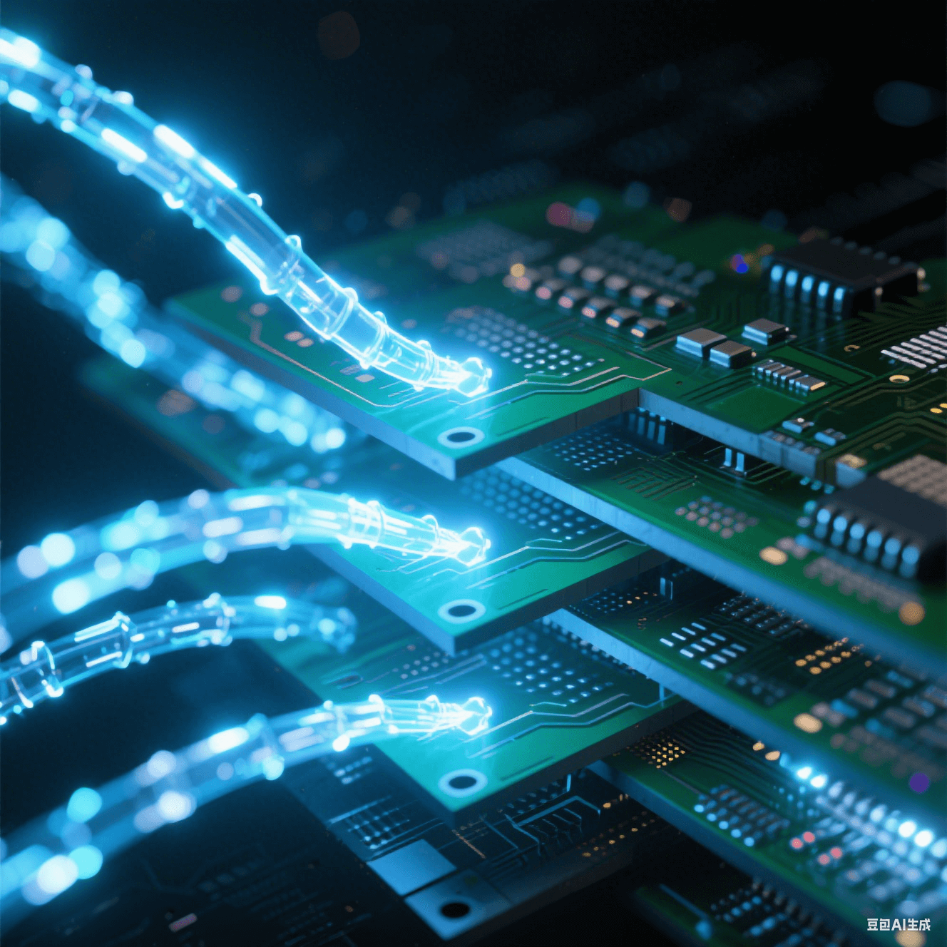 抽象光跡呈現(xiàn)多層電路板內(nèi)部電磁脈沖流沿微孔矩陣躍遷，藍(lán)白信號(hào)束在深黑PCB截面散射虹彩，詮釋高頻高速板的信號(hào)完整性設(shè)計(jì)原理