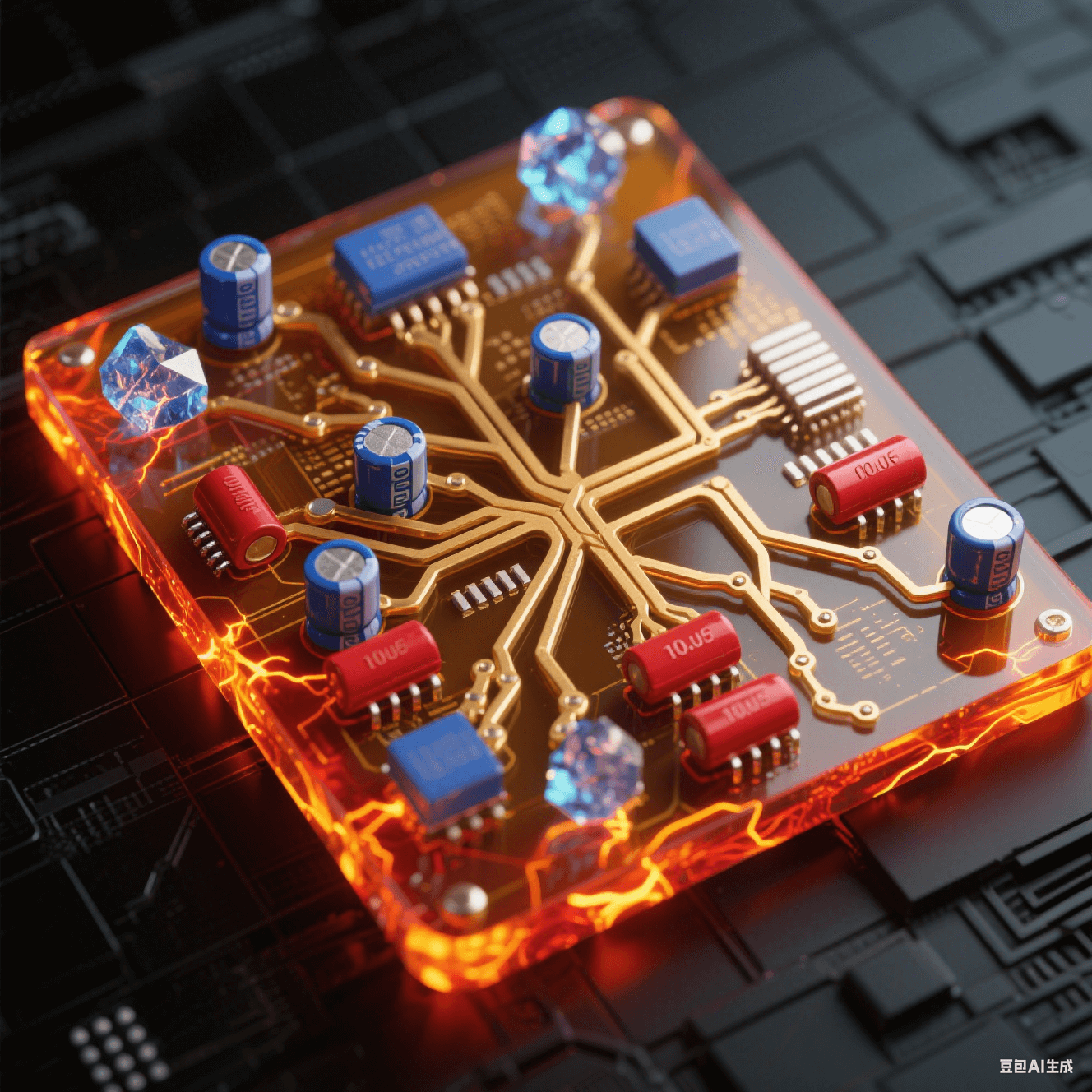 琥珀色透明基板上錯(cuò)綜電源樹(shù)突網(wǎng)絡(luò)，厚鍍金主干道泛熔融橙紅光，鈷藍(lán)陶瓷電容群跳電弧光，猩紅電解電容蕩漾熱能波紋，磨砂黑底板浮現(xiàn)金網(wǎng)格