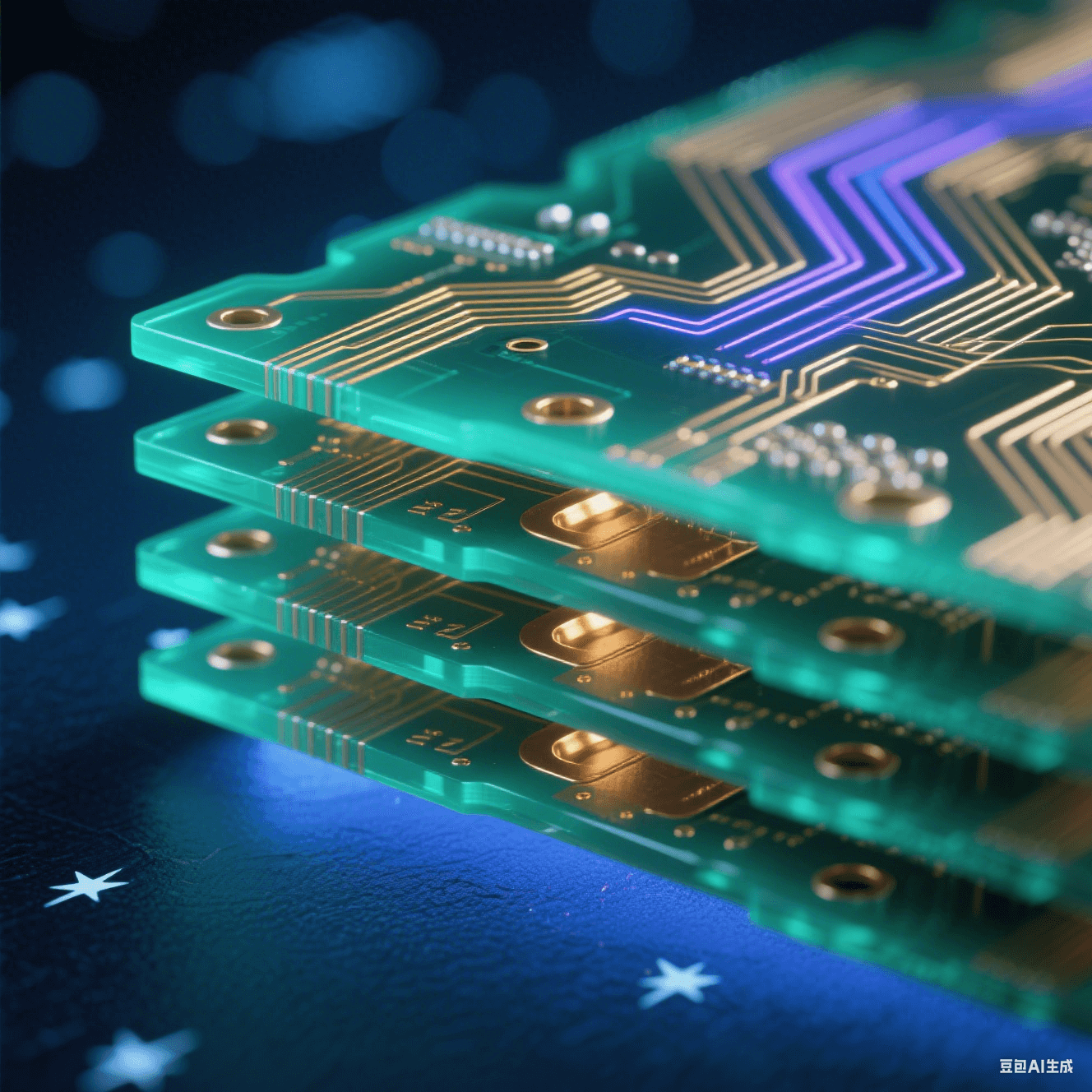 多層電路板剖面透視圖：翡翠綠半透明基材中嵌入黃金銅箔走線，表面流動(dòng)藍(lán)紫色光軌，深藍(lán)地平面泛光暈，冷白星點(diǎn)懸浮背景，啞光過(guò)孔陣列貫穿層間