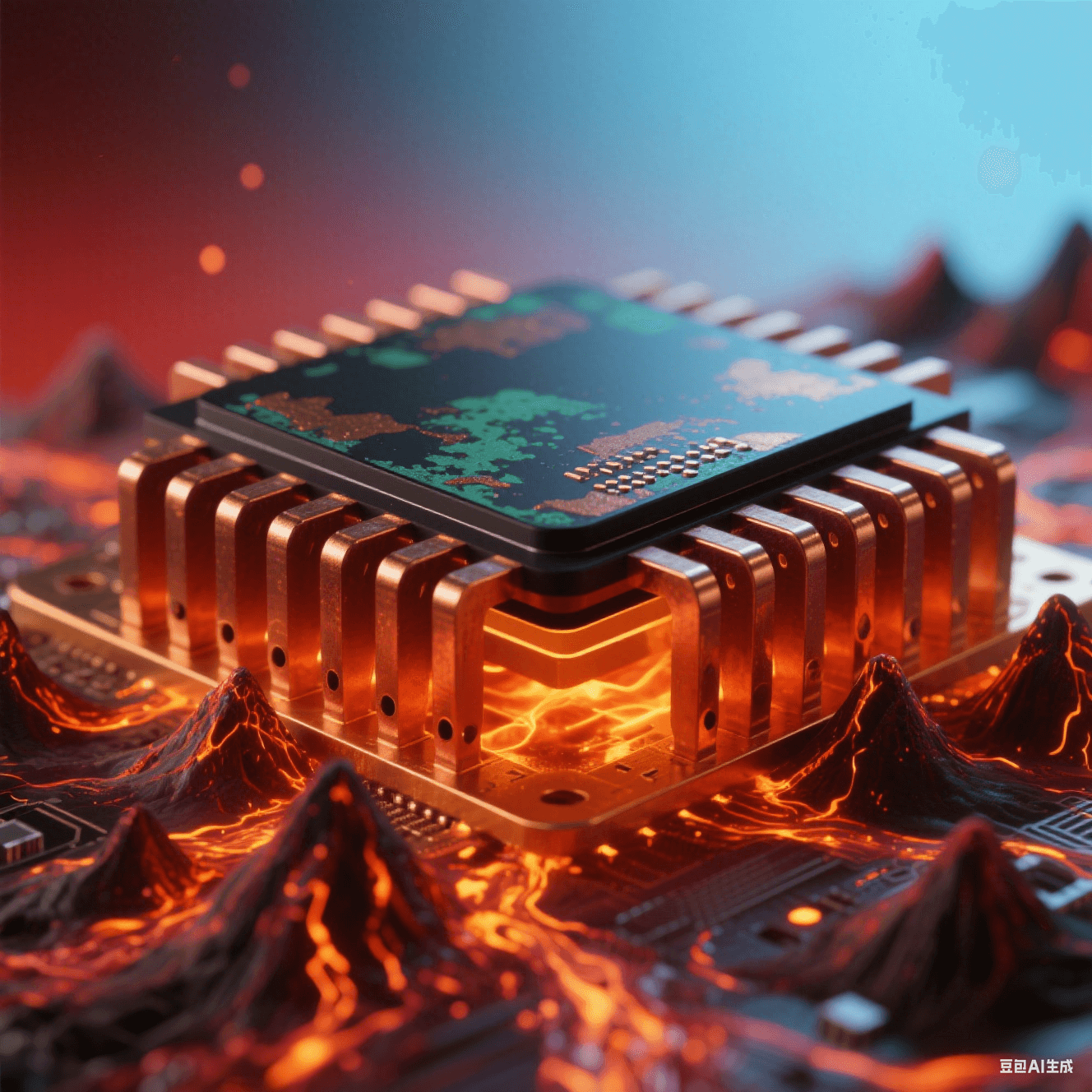 陶瓷黑芯片底部延伸赤銅散熱片，密集火山狀散熱孔噴發(fā)橙紅粒子流，熔金液態(tài)銅箔蒸騰熱浪，氧化銅綠斑與金屬反光在紅藍(lán)漸變背景中交織
